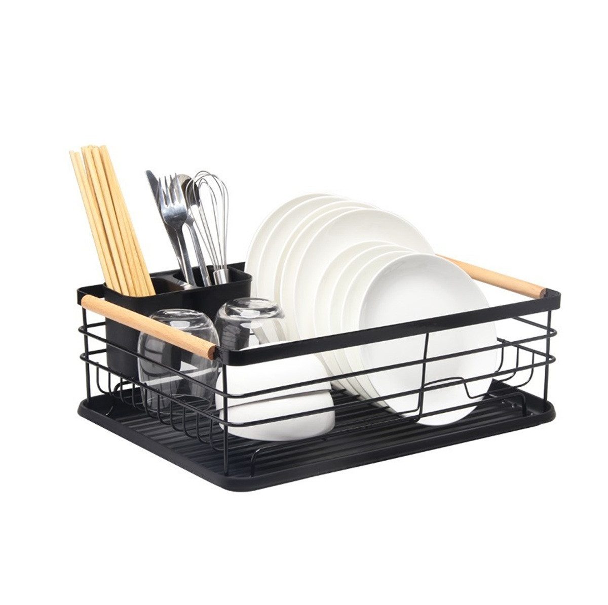 Cheffinger Geschirrständer mit Tropfschale & Holzgriffen - Abtropfgestell in Schwarz, 43 x 32 x 14 cm