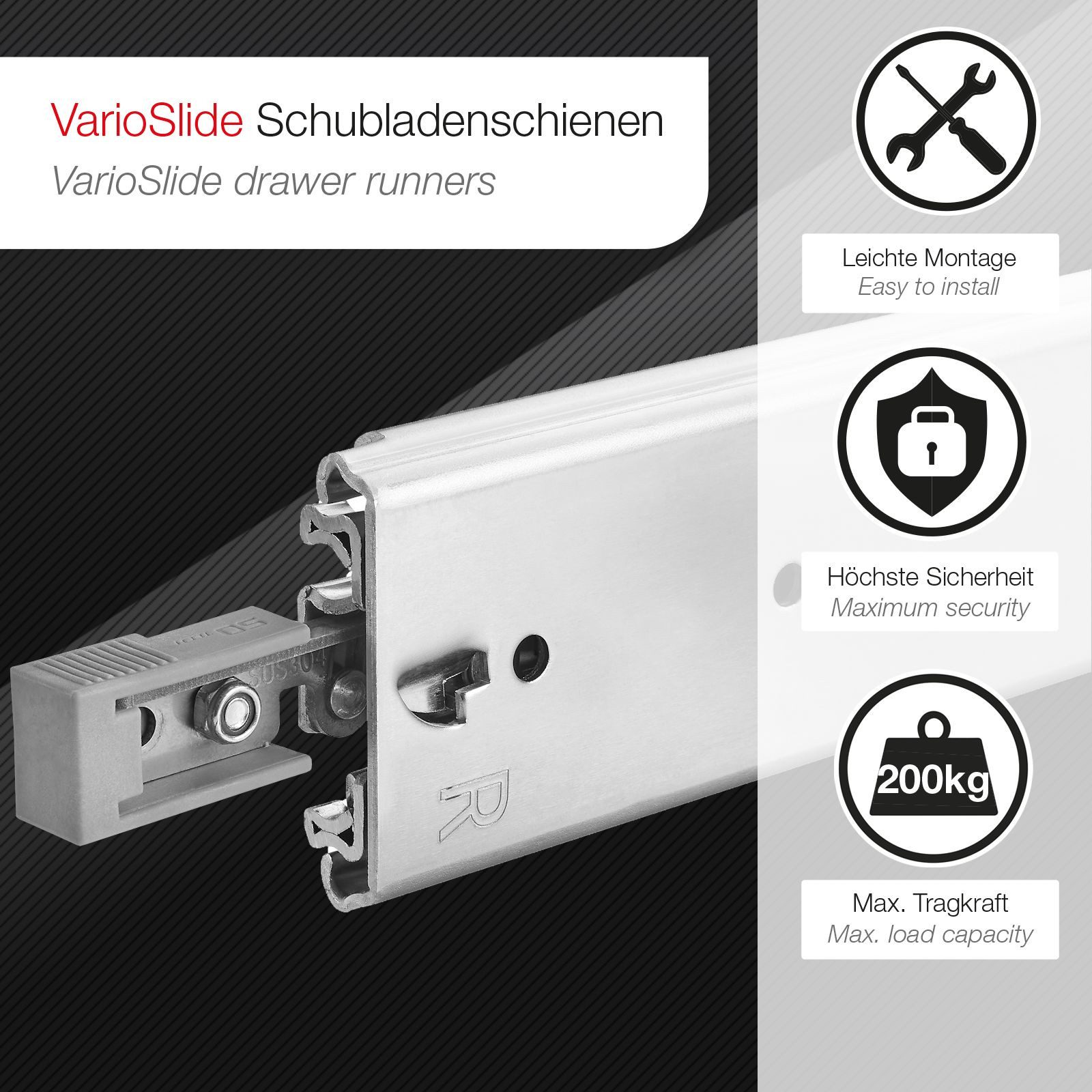 SO-TECH® Auszug Schwerlastauszug 200 kg mit Lock-in/out Einrastfunktion, grauer Hebel, VarioSlide KV2-200-H76-L500-EH 508 mm