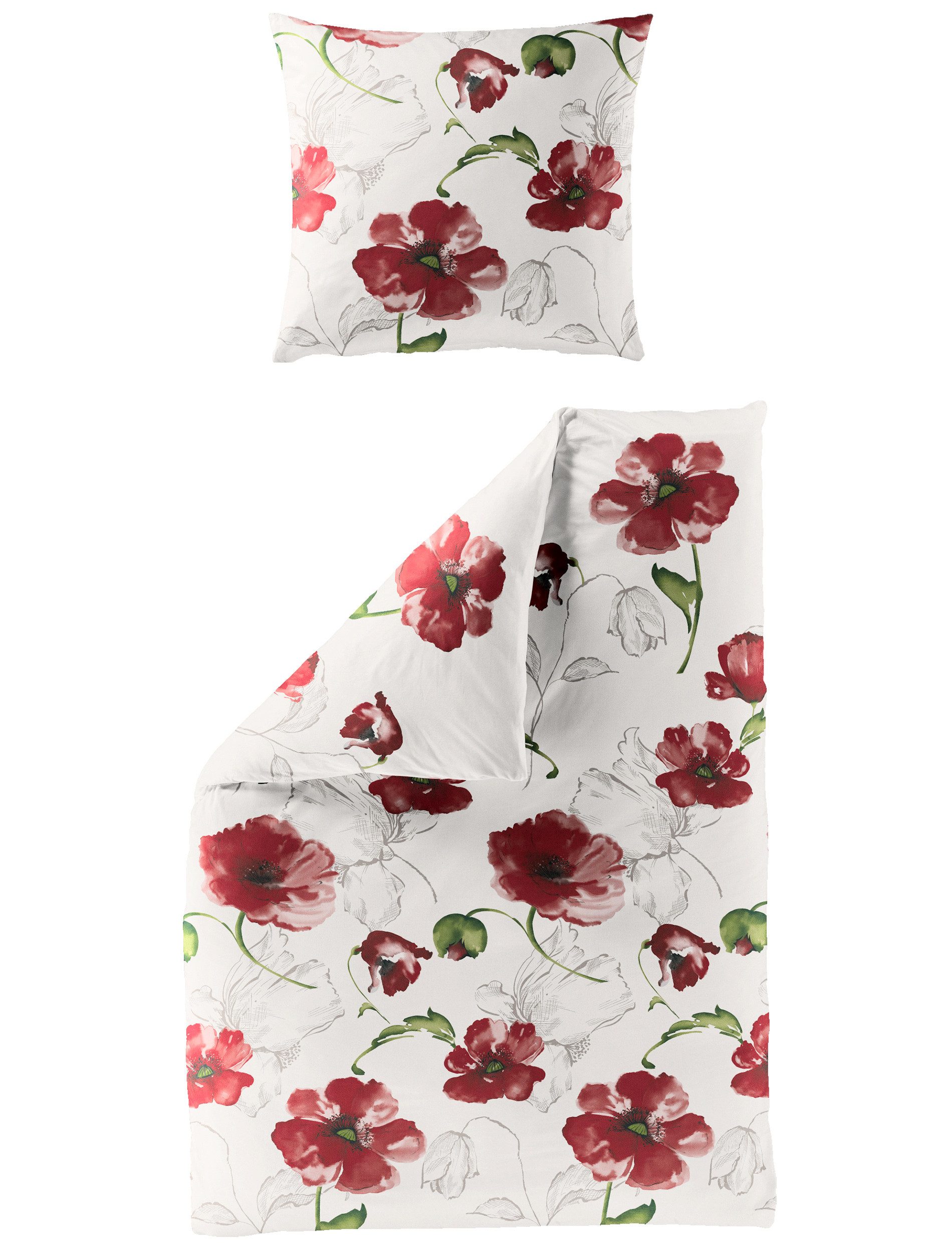 Bettwäsche Baumwolle, Traumschloss, Seersucker, 2 teilig, rote Blumen auf weißem Hintergrund