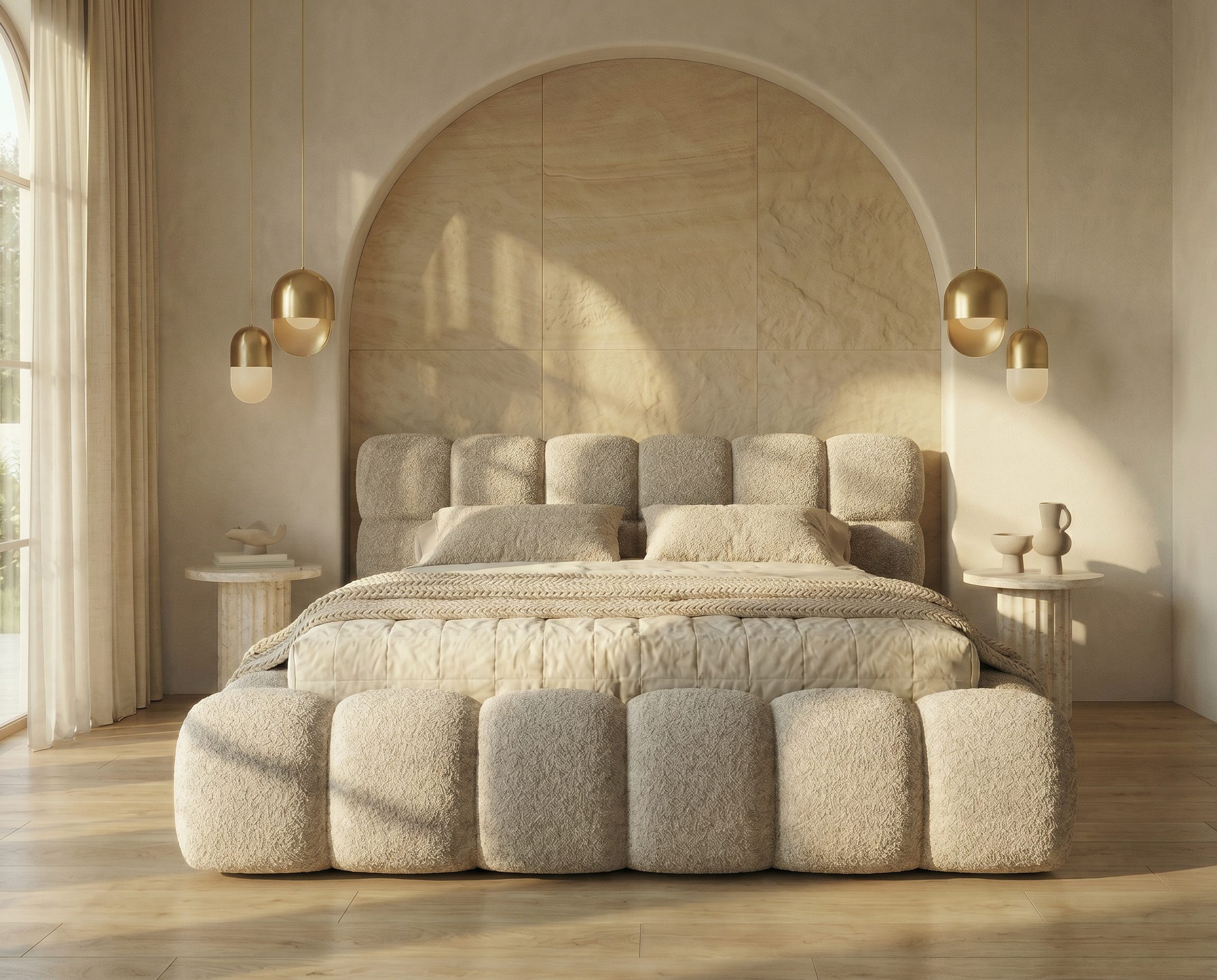 yourhouse24 Polsterbett Boston Slim Bouclé kompaktes Wolkenbett mit Bettkasten, Bubble-Optik & Japandi