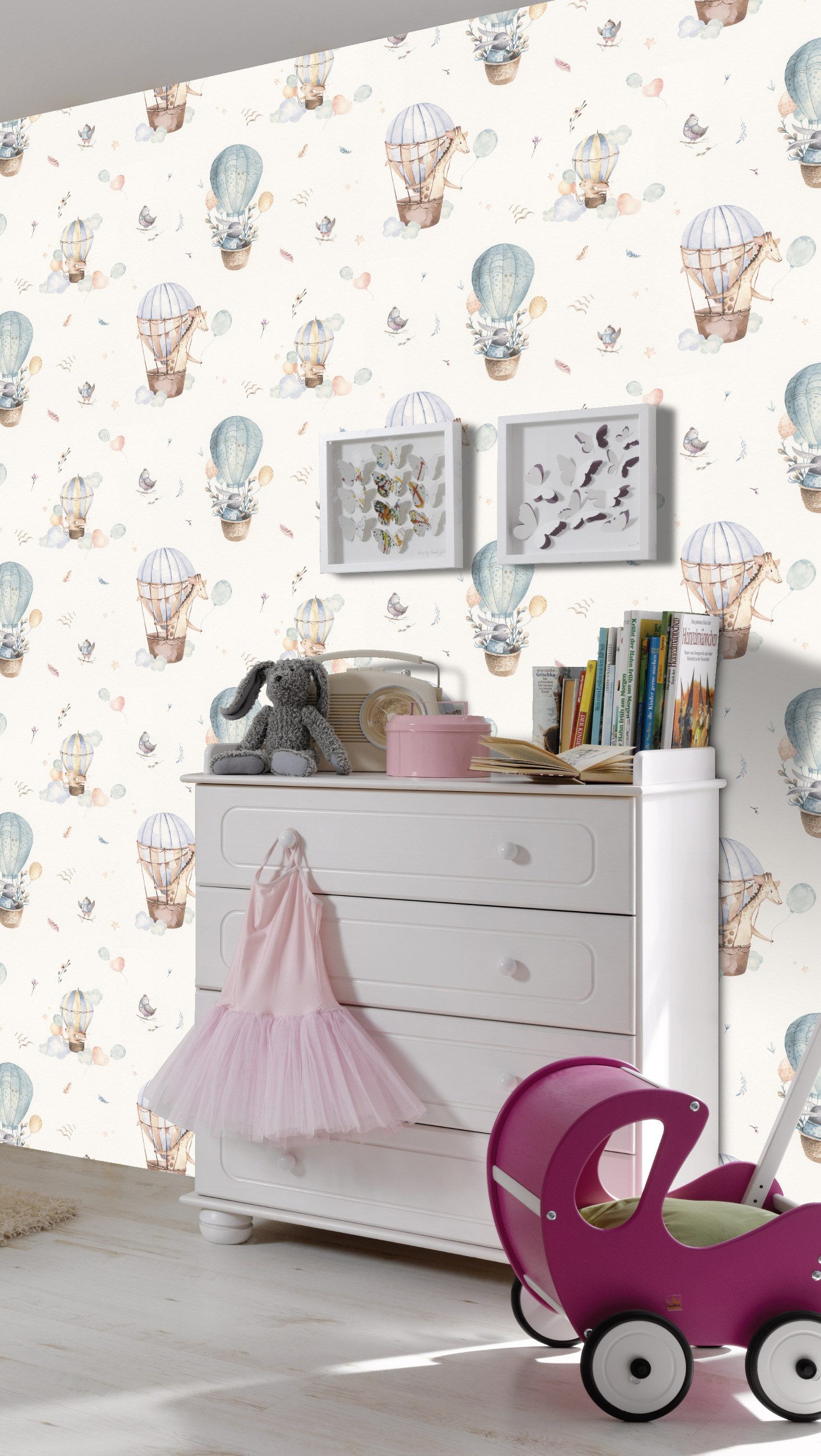Rasch Vliestapete Heißluftballons Beige Braun Türkis, Naturoptik, (1 Rolle, 1 St., Kollektion 'Kids World II' - 10,05 m x 0,53 m), gute Lichtbeständigkeit, feucht abwischbar, restlos abziehbar
