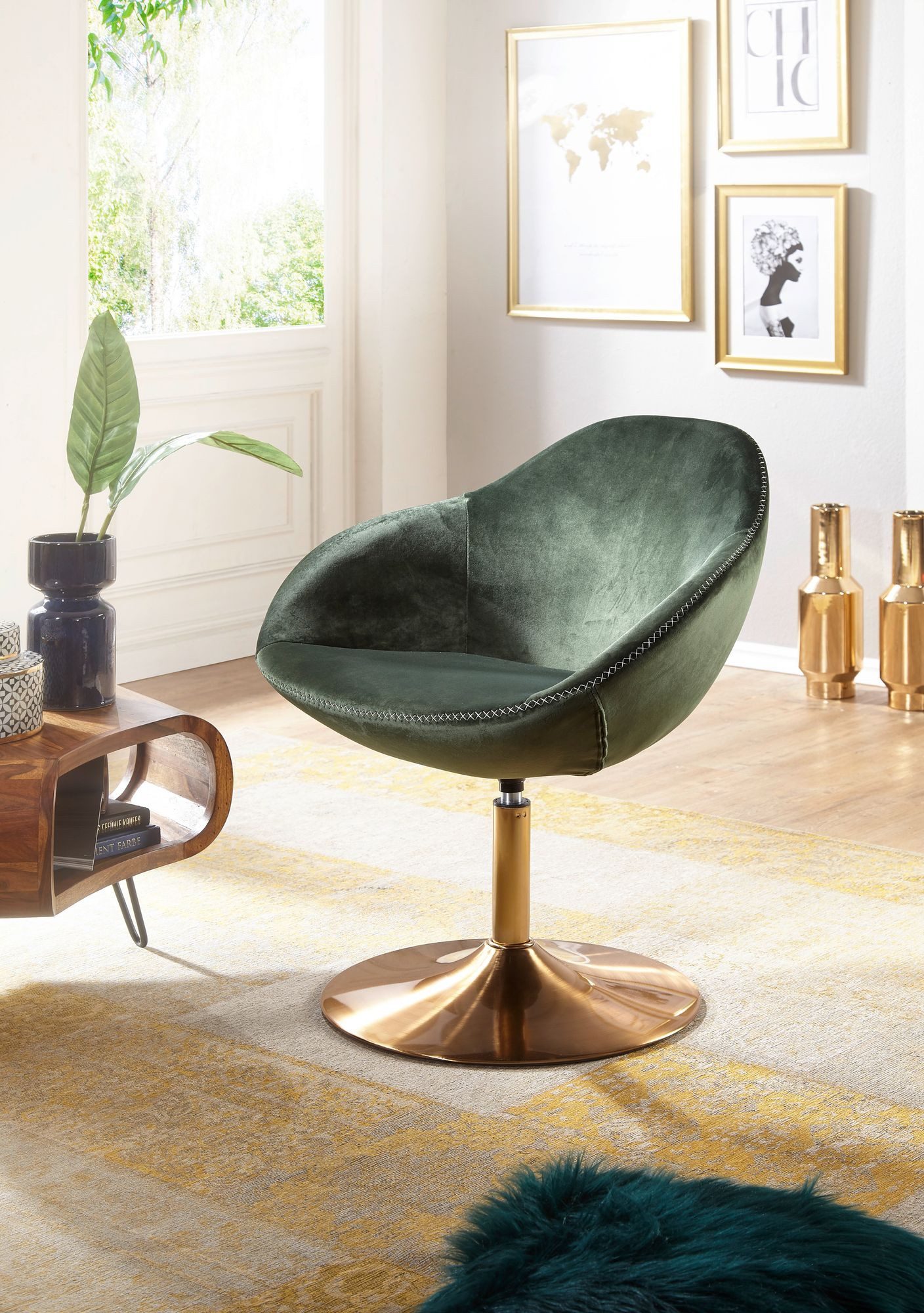 Wohnling Cocktailsessel Loungesessel SIRAN Grün Drehstuhl Clubsessel Samt Cocktailsessel Loung (Samt Grün / Gold 70x79x70 cm, Design Drehstuhl), Loungesessel Drehbar, Polsterstuhl Lounge