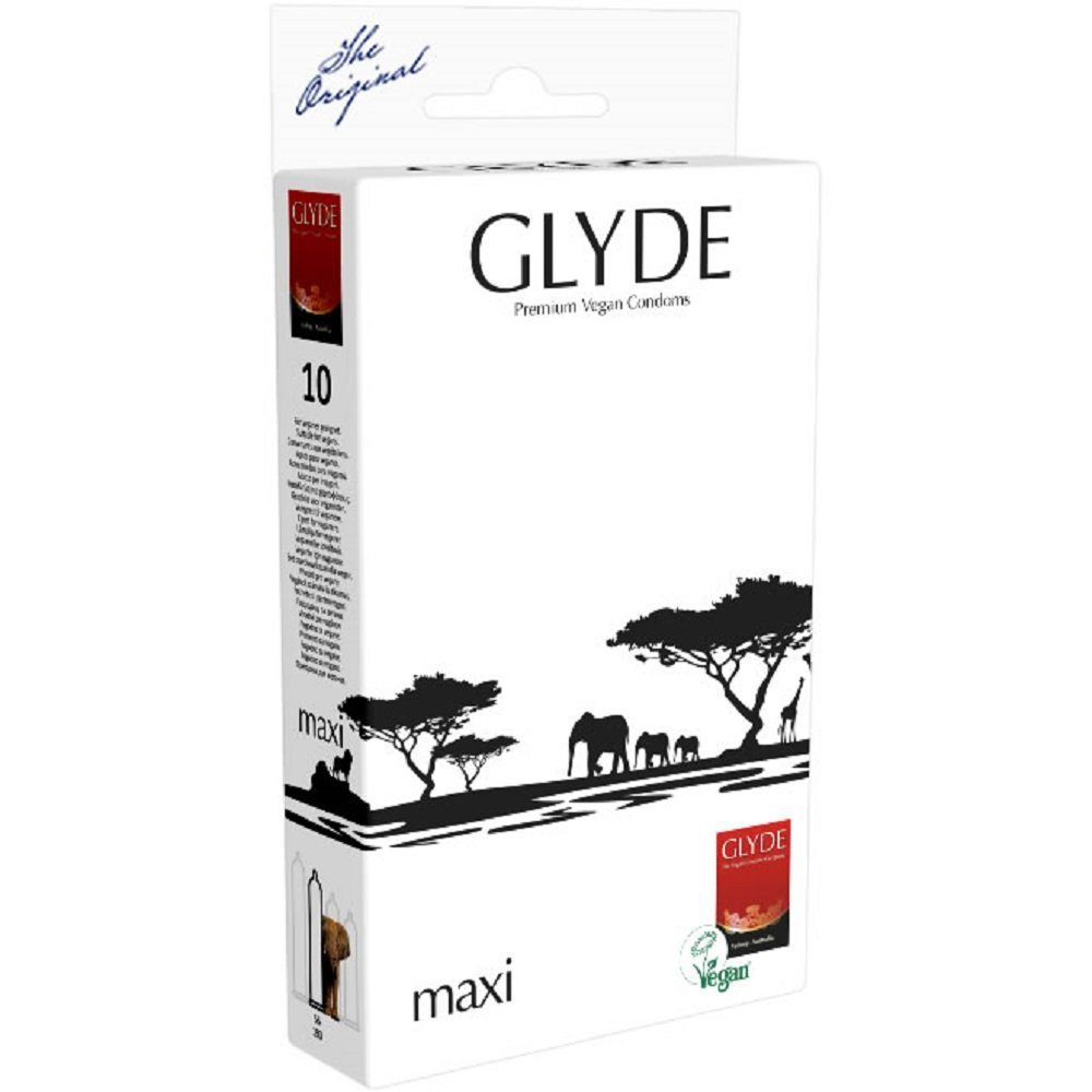 Glyde XXL-Kondome Glyde Ultra «Maxi» große vegane Kondome Packung mit, 10 St., Zertifiziert mit der Veganblume, Gefühlsecht & Reißfest