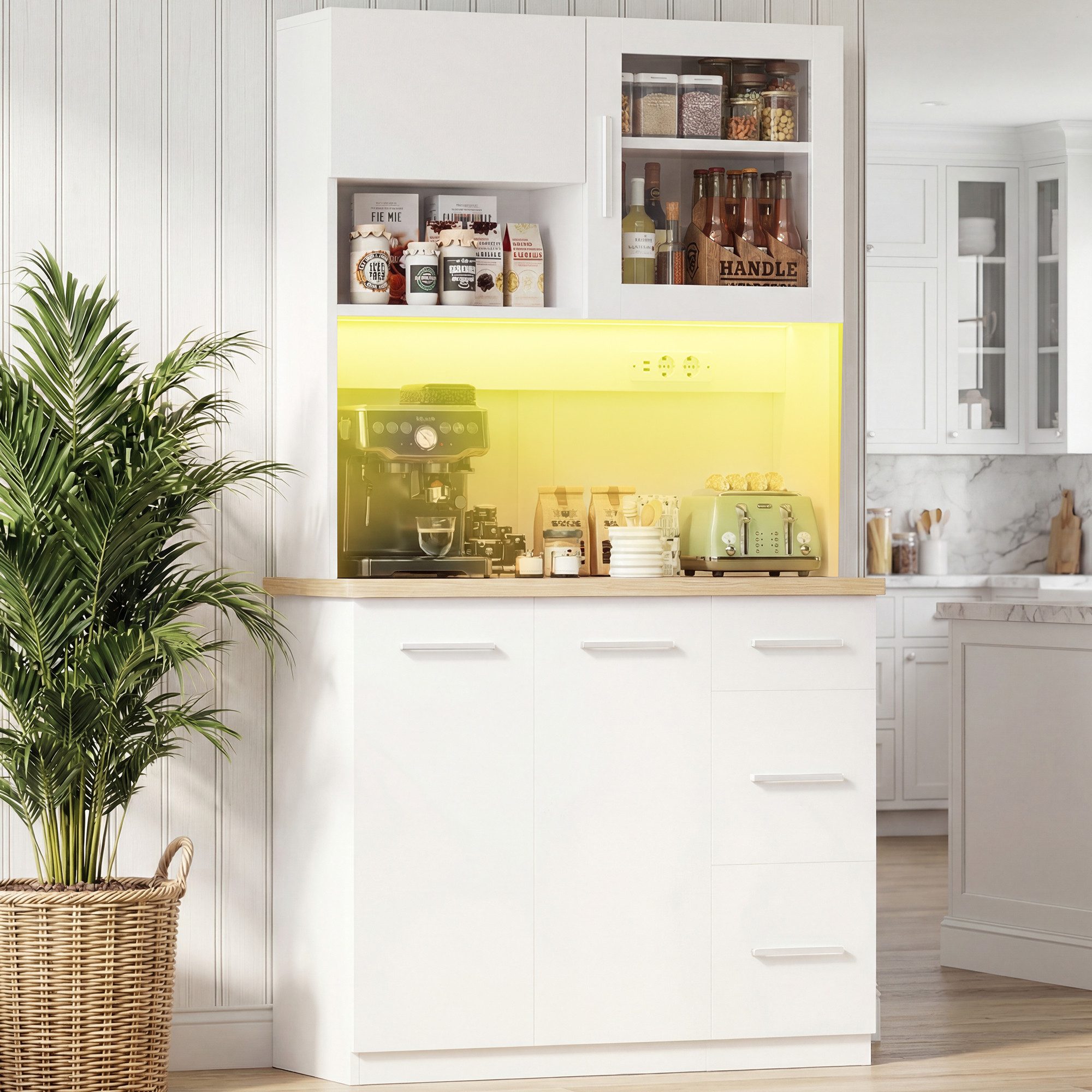 Furnicopia Küchenbuffet Hohe Schränke, Küchenzeilen, Sideboards, mit LED-Beleuchtung (Maße: 100 × 40 × 182 cm, mit 3 Schubladen + 3 Schranktüren + 1 offenem Staufach und Arbeitsplatte, 2 Steckdosen + 2 USB-Anschlüssen, mit verstellbaren Einlegeböden)