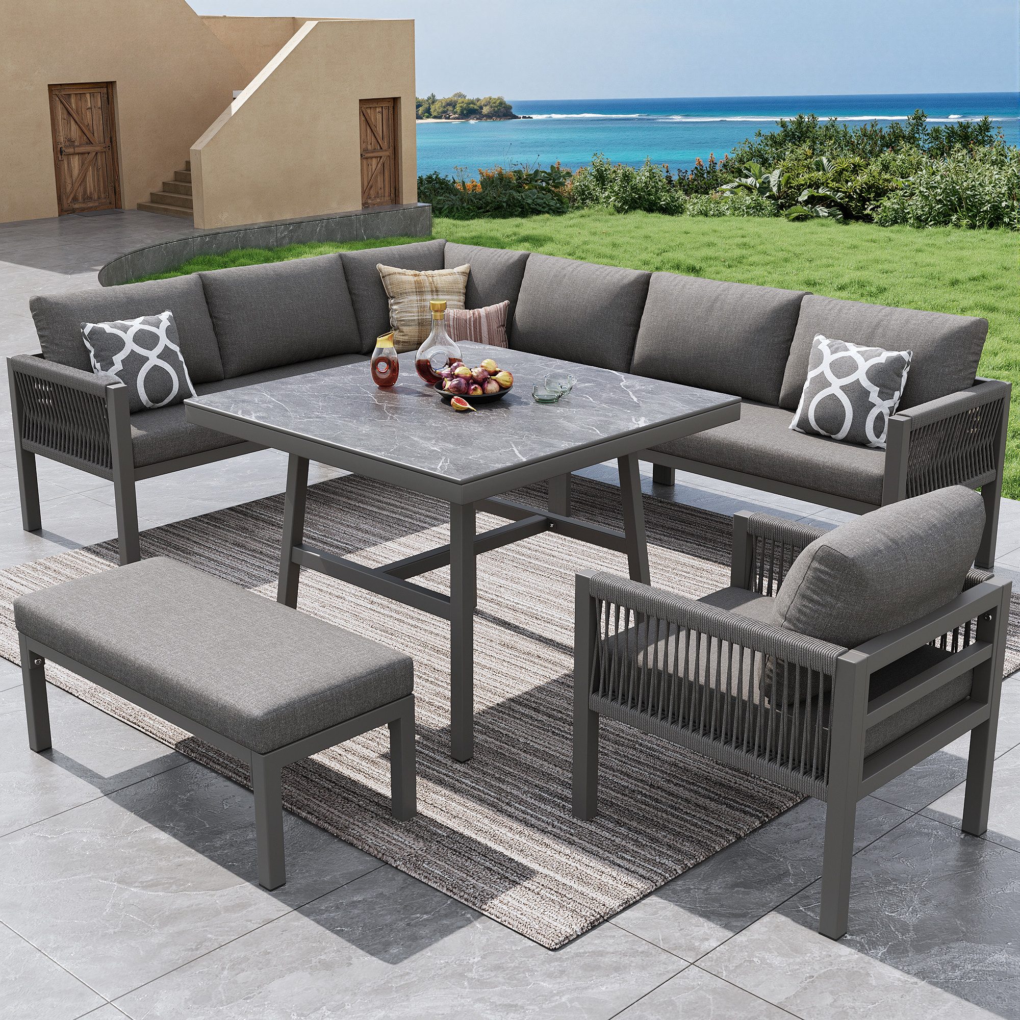 HAUSS SPOLE Gartenlounge-Set 8 Personen Garten Sofa Modulares Lounge Set Flexible L-Form Armlehnen, (Sessel-Sofa,Einzelsofa,Hocker,Tisch, Sessel 118×61×80cm,Sofa 65×61×80cm,Hocker 79×38×31cm,Tisch 80×80×70cm)