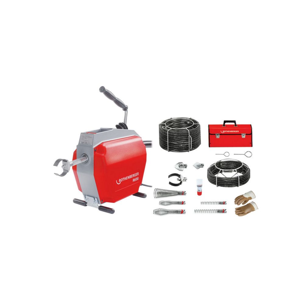 Rothenberger Rohrreinigungsmaschine Rohrreiniger R600 230V + Spiral/Wz.Set (7.2687+7.2, 690 W, Universell einsetzbar im Innen- und Außenbereich