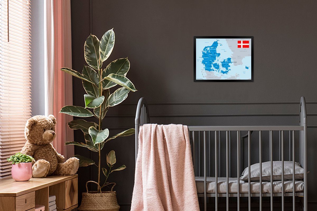 MuchoWow Poster Illustration einer blauen Karte von Dänemark mit einer Flagge, (1 St), Bilderrahmen, Deko für Wohnzimmer und Schlafzimmer, 40x30 cm