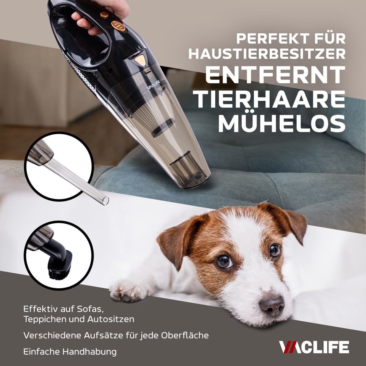 VACLIFE Akku-Handstaubsauger, 100,00 W, Beutellos, Kabellos, LED-Licht mit HEPA-Filter & Zwei Aufsätze
