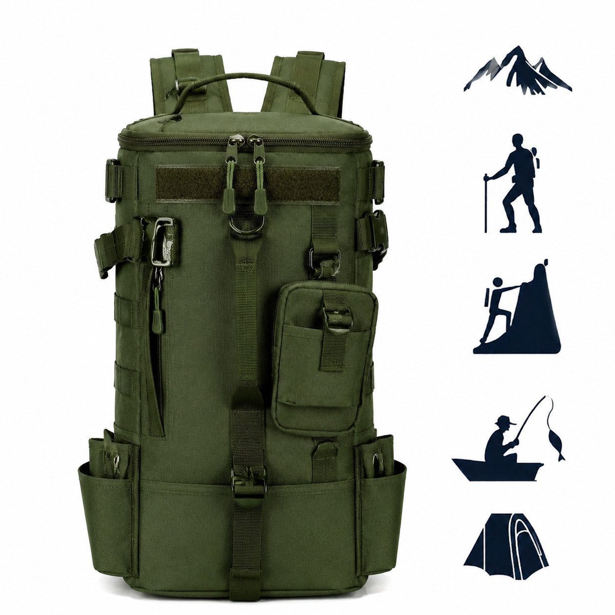 Fyrove Wanderrucksack MOLLE Outdoor Rucksack wasserabweisend mit Mehrfachfächern, Trekkingrucksack 45 cm mit Komfort-Rücken für Camping Reisen Angeln