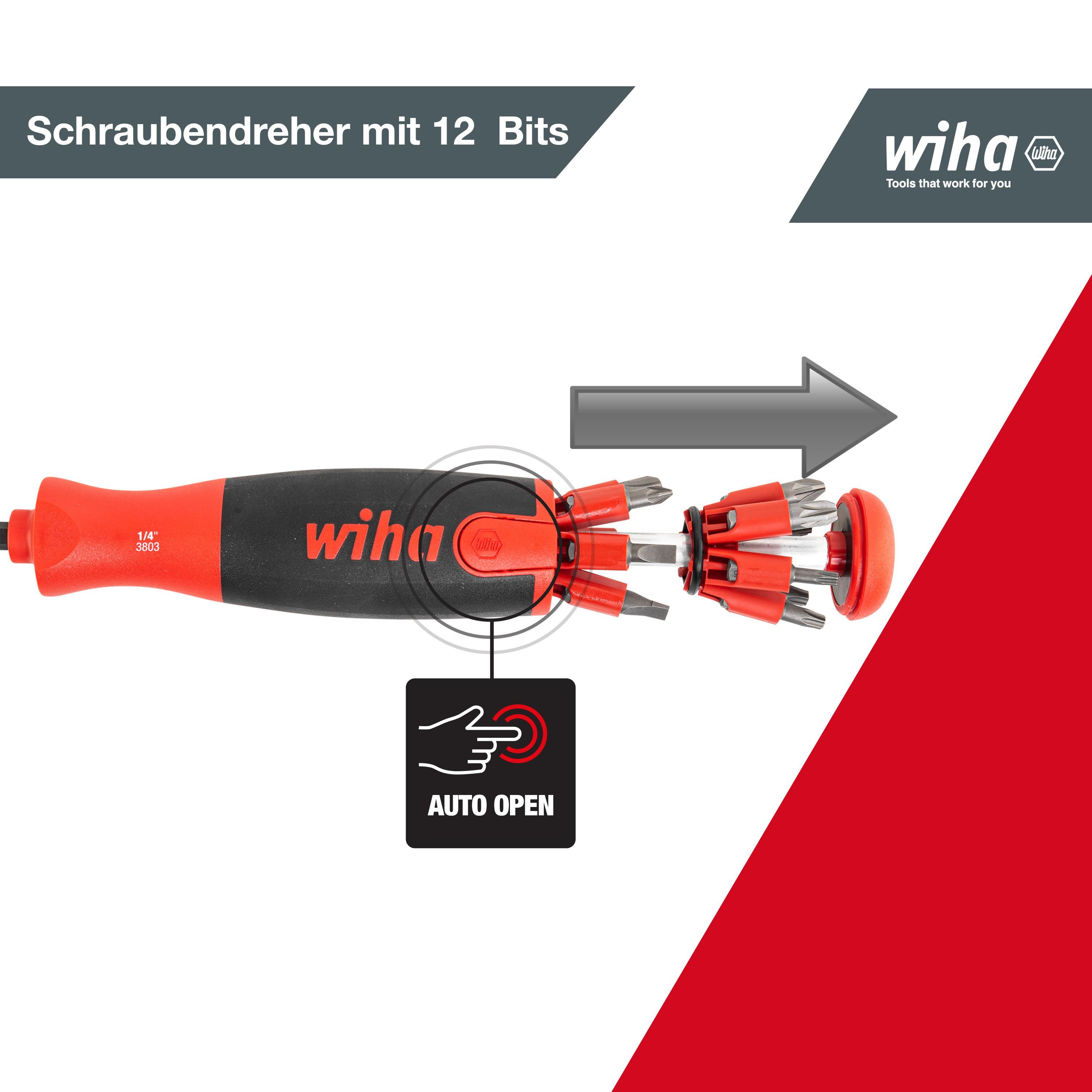 Wiha Schraubendreher LiftUp 25 (38605), mit Bit Magazin aus Standardbits, Bithalter Schlitz Kreuzschlitz TORX