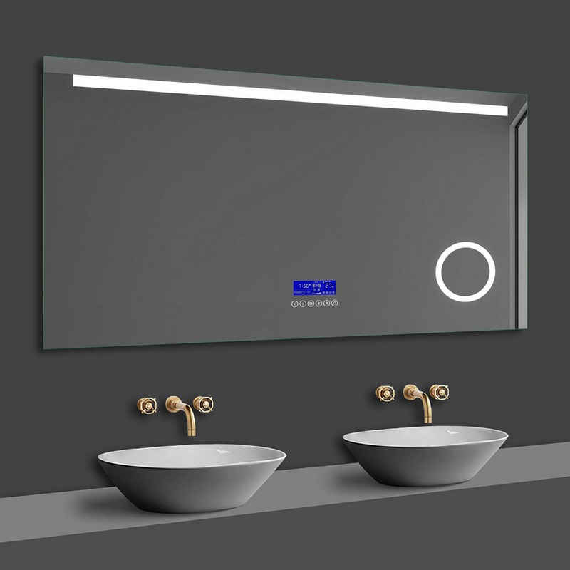 duschspa Badspiegel 80-140cm Uhr, Touch, Beschlagfrei, 3xSchminkspiegel Kalt/Warmweiß, Bluetooth