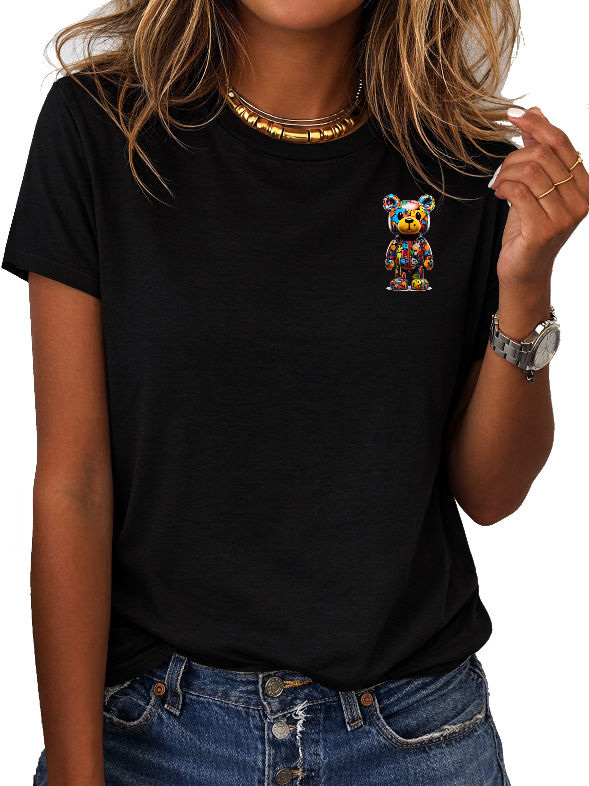 RMK T-Shirt Damen Shirt Rundhals Basic "Color Bear" aus 100% Baumwolle