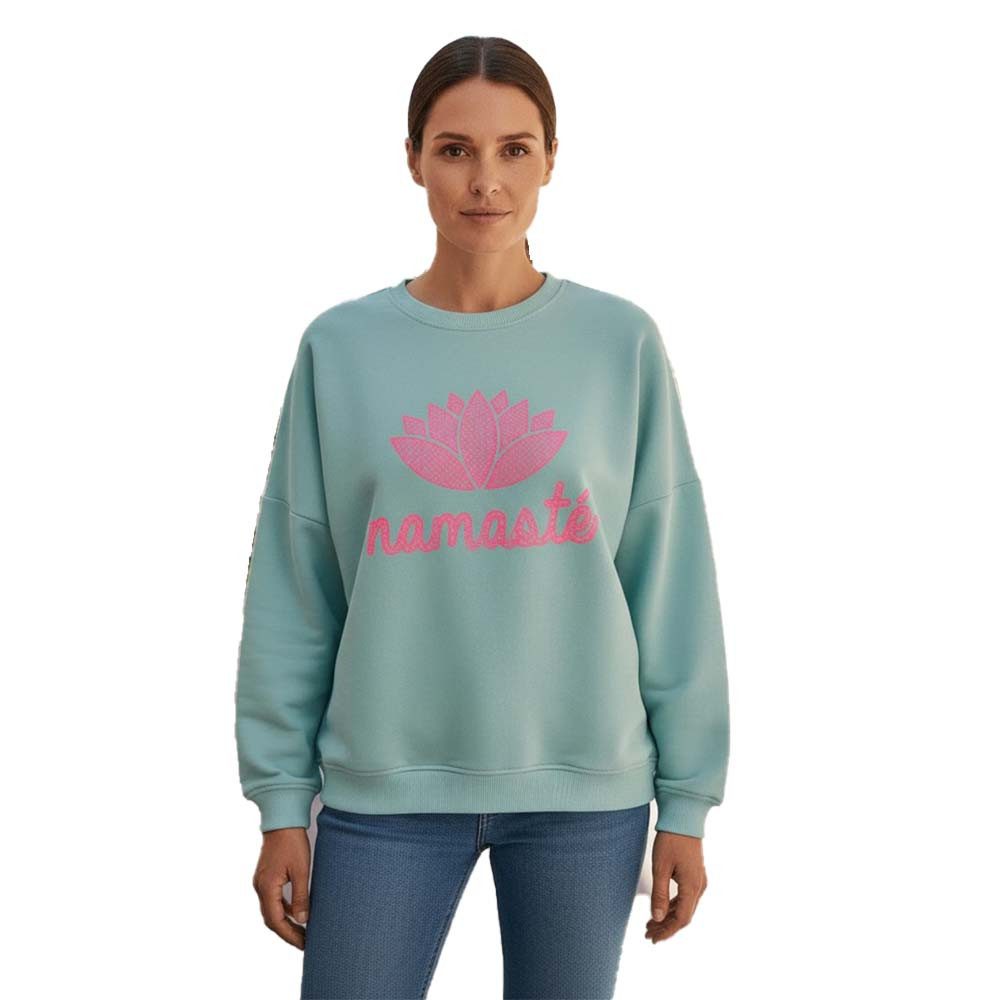 Miss Goodlife Sweatshirt MG13593 Roundneck „Namasté Peace Double“ – Hellblau mit Neon-Print