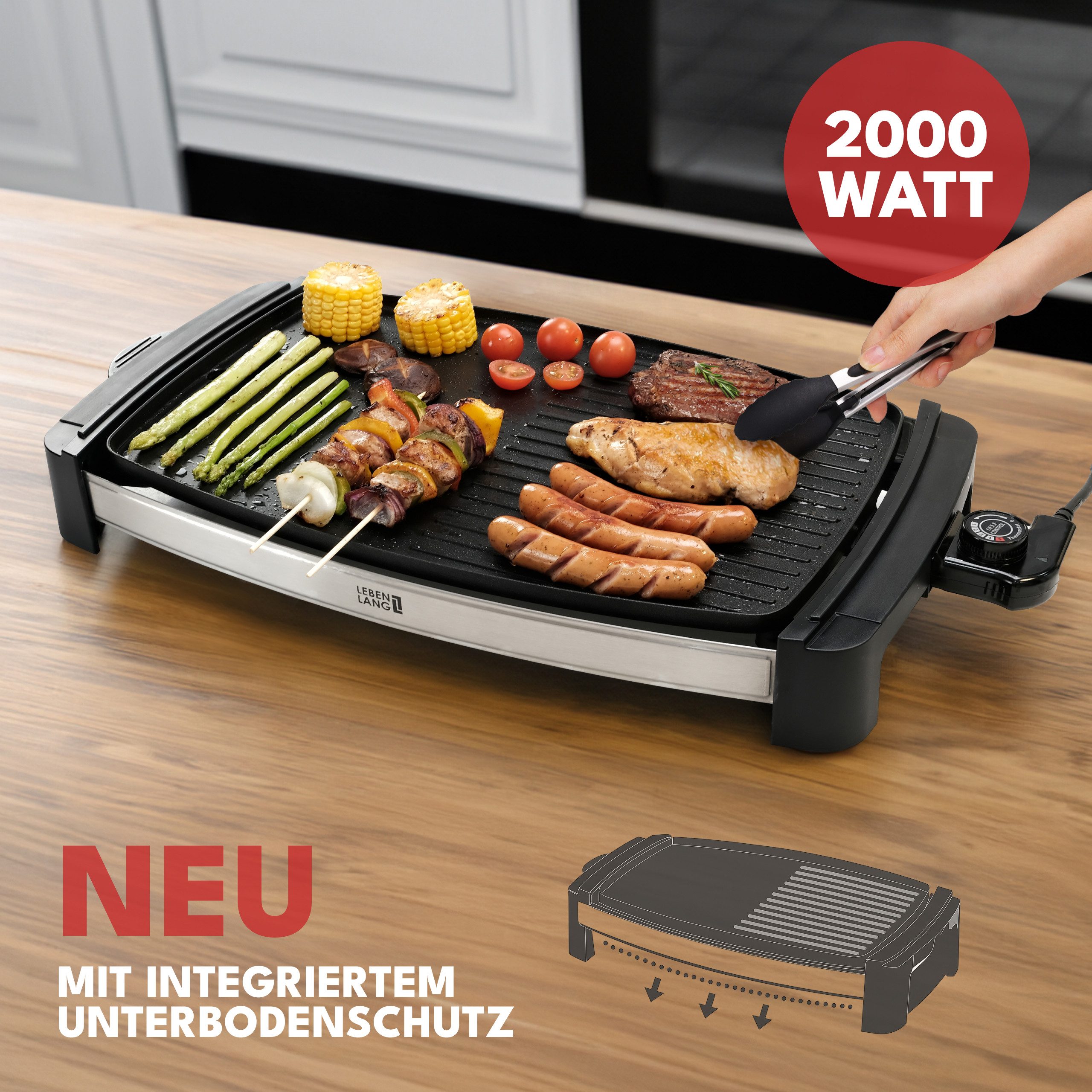 Lebenlang Tischgrill Elektrogrill Tischgrill elektrisch, 2000 Watt, Indoor, XXL, 2200 W, 2000W Heizleistung Für Innen & Außen geeignet
