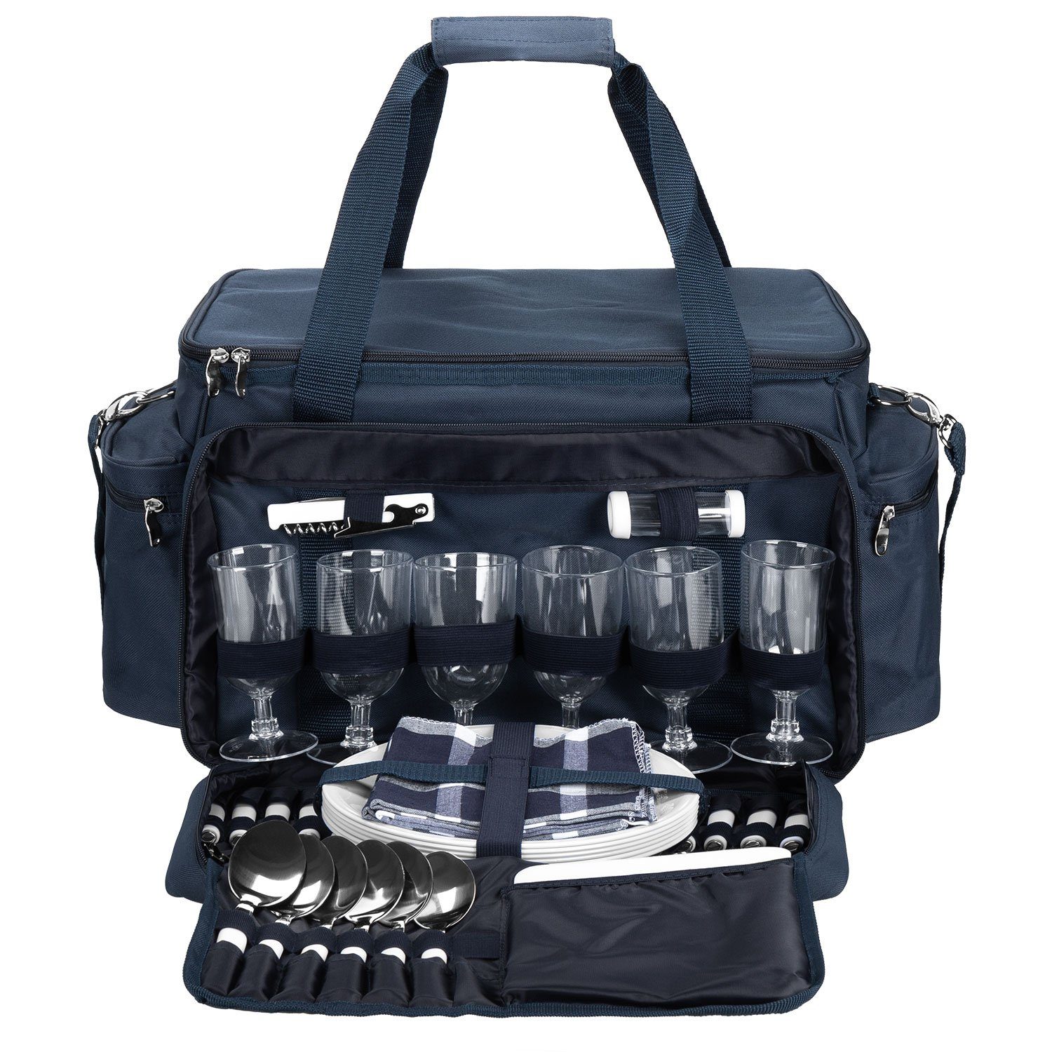 anndora Picknickkorb XXL Picknicktasche 6 Personen Vollausstattung 57 Teile, isoliertes geräumiges Hauptfach - verstellbarer abnehmbarer Tragegurt