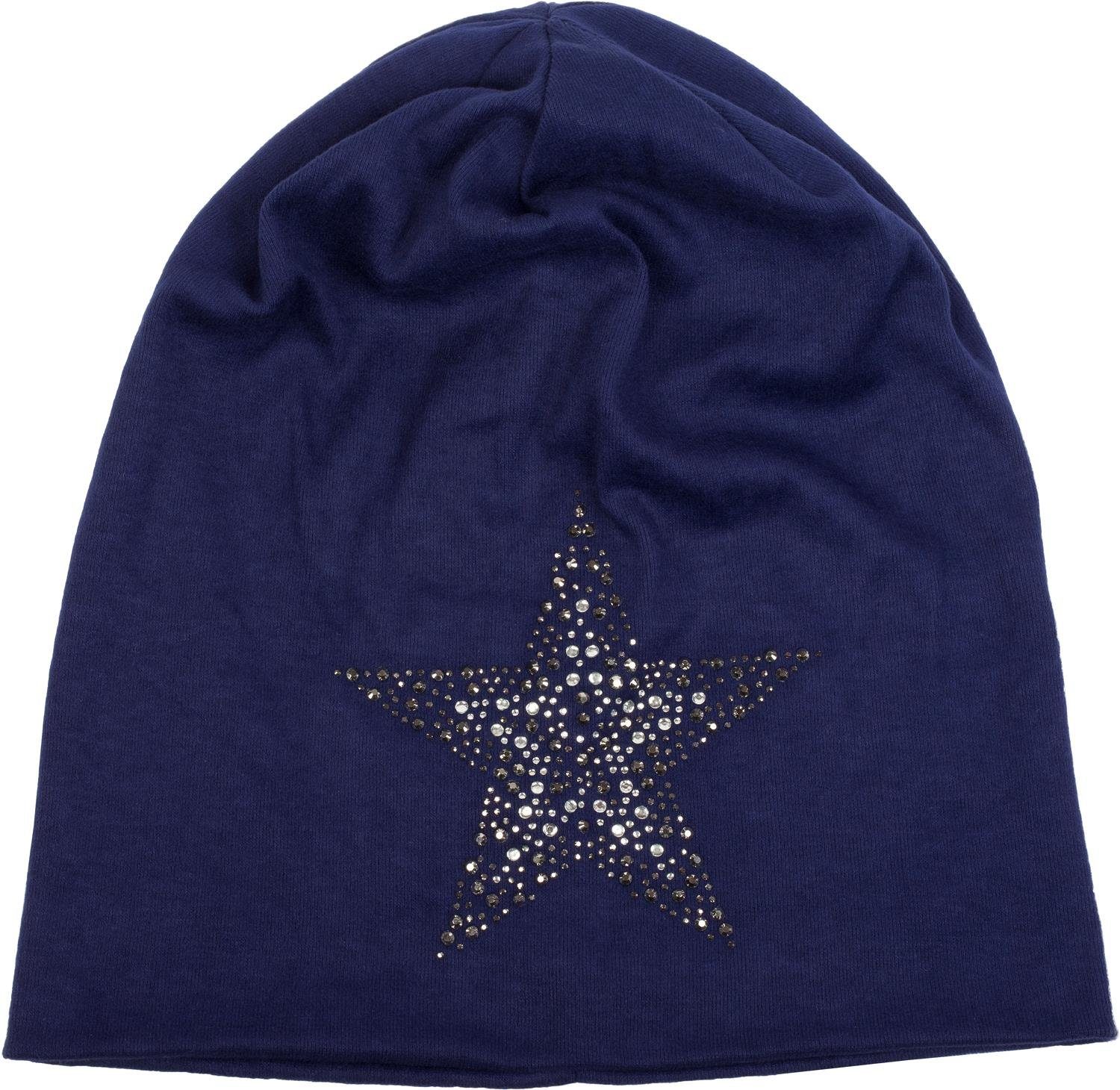 styleBREAKER Beanie (1-St) Beanie Nieten Stern mit Mütze Strass Dunkelblau