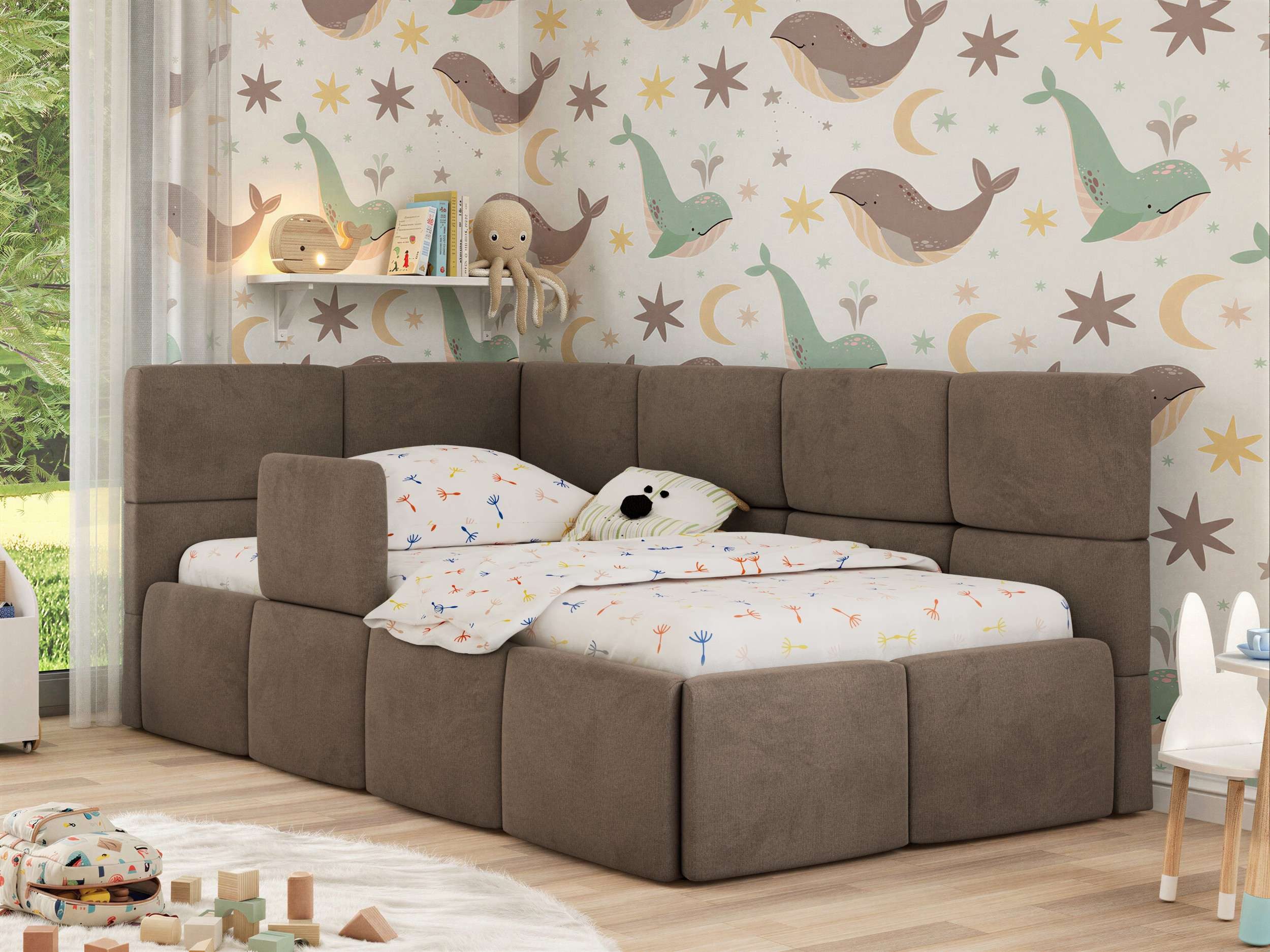 MKS MÖBEL Kinderbett ARVO ALTA (Set, inkl. Lattenrost, Bettkasten, Sicherheitsbarriere & Kopfteil), Eckbett mit Stauraum, Rausfallschutz & Gasdruckfedern