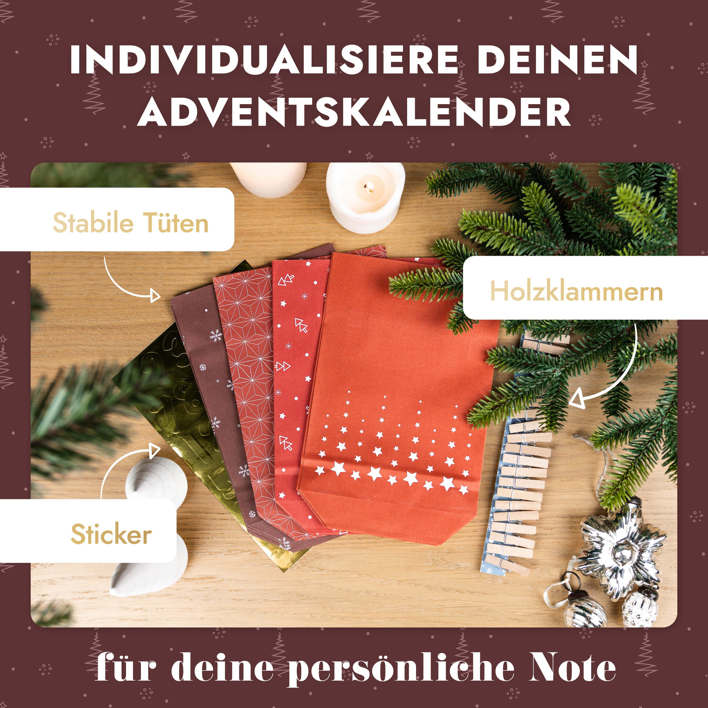 Amari befüllbarer Adventskalender Adventskalender zum Befüllen 2026, 24 Papiertüten 14×22 cm mit Zahlen (DIY Set, 72-tlg), Designs für Kinder & Erwachsene, wied – Bild 4 von 5