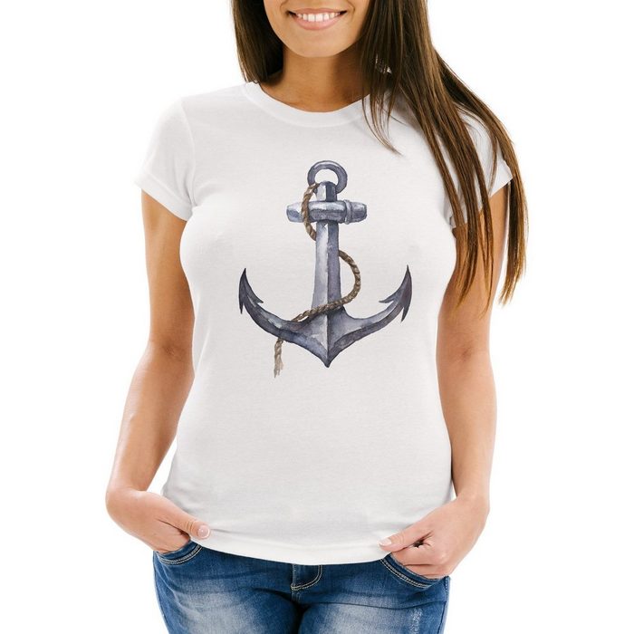 Neverless Print-Shirt Damen T-Shirt Anker Wasserfarben Anchor Watercolor Slim Fit Neverless® mit Print