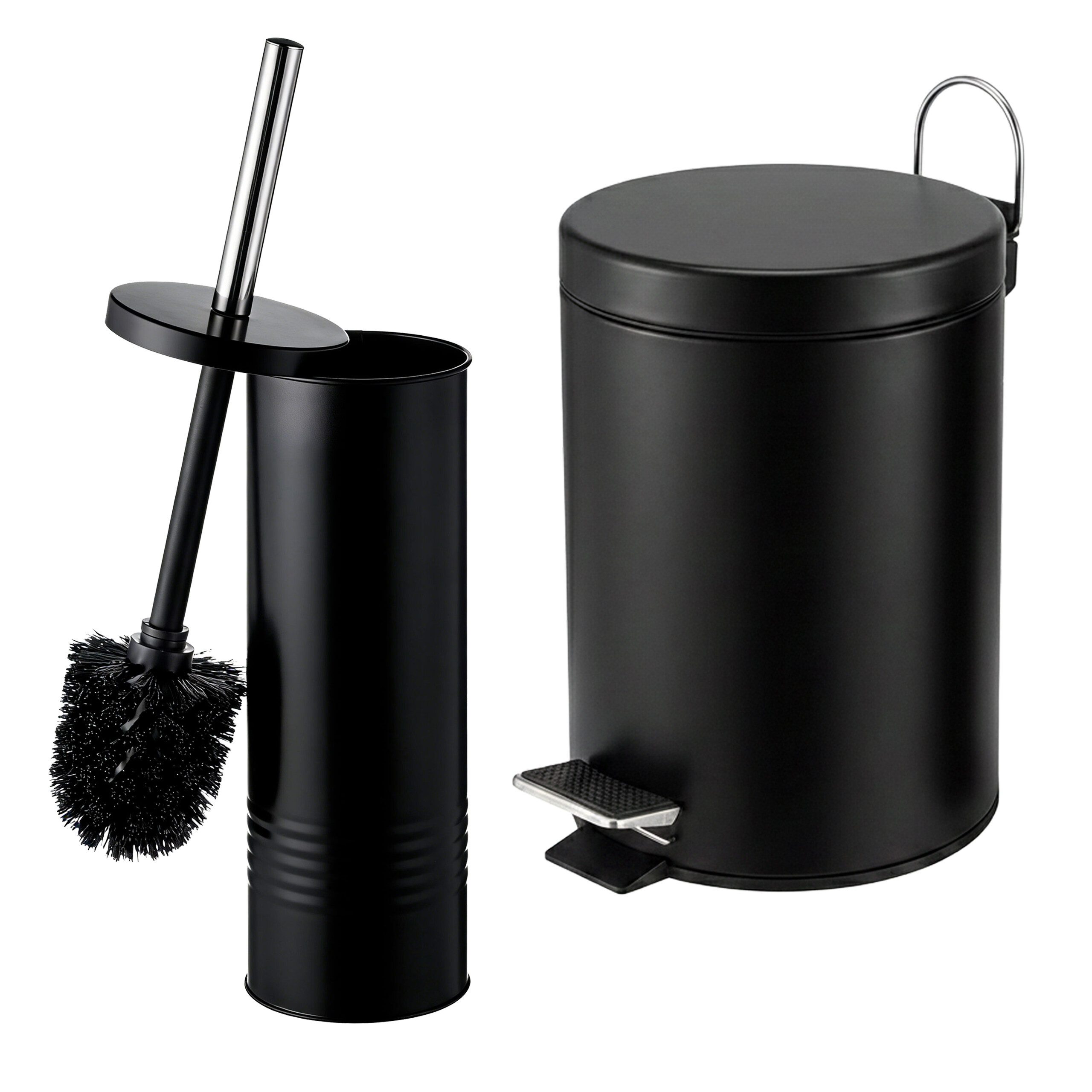 relaxdays Kosmetikeimer Badezimmer Set Mülleimer & WC-Bürste, schwarz