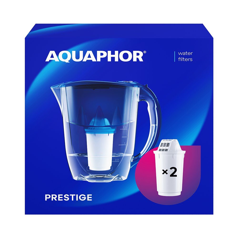 AQUAPHOR Wasserfilter Set Prestige blau - inkl. 2x Filterkartuschen A5, 350l., Zubehör für Zubehör für Filterkartuschen AQUAPHOR A5, A5H hartes Wasser & A5 Magnesium, Reduziert Kalk, Chlor & weiteren Stoffen. BPA frei