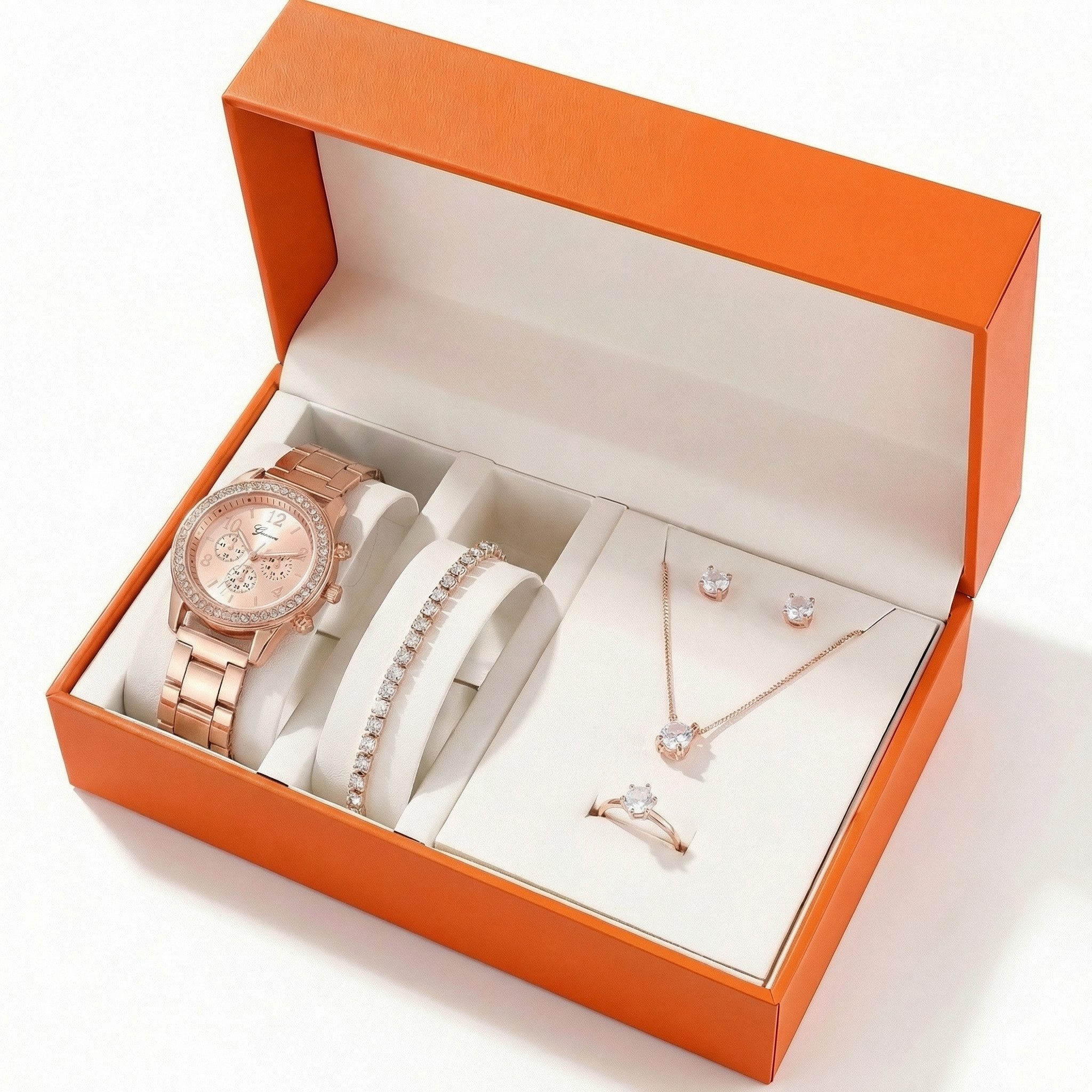 poweradd pro Quarzuhr Geschenk Damen Armbanduhr Armband Halskette Ring Ohrring Schmuck Set Elegant analoge Quarzuhr mit 36 mm Zifferblatt und nickelfreiem Legierungsarmband., (Funkelndes 5-teiliges Schmuckset mit Armband, Halskette, Ring und Ohrringen – ideal als Damengeschenk zu Weihnachten, Valentinstag, Muttertag oder Geburtstag. Auch geeignet als), Brautschmuck oder stilvolles Accessoire für Fotoshootings.