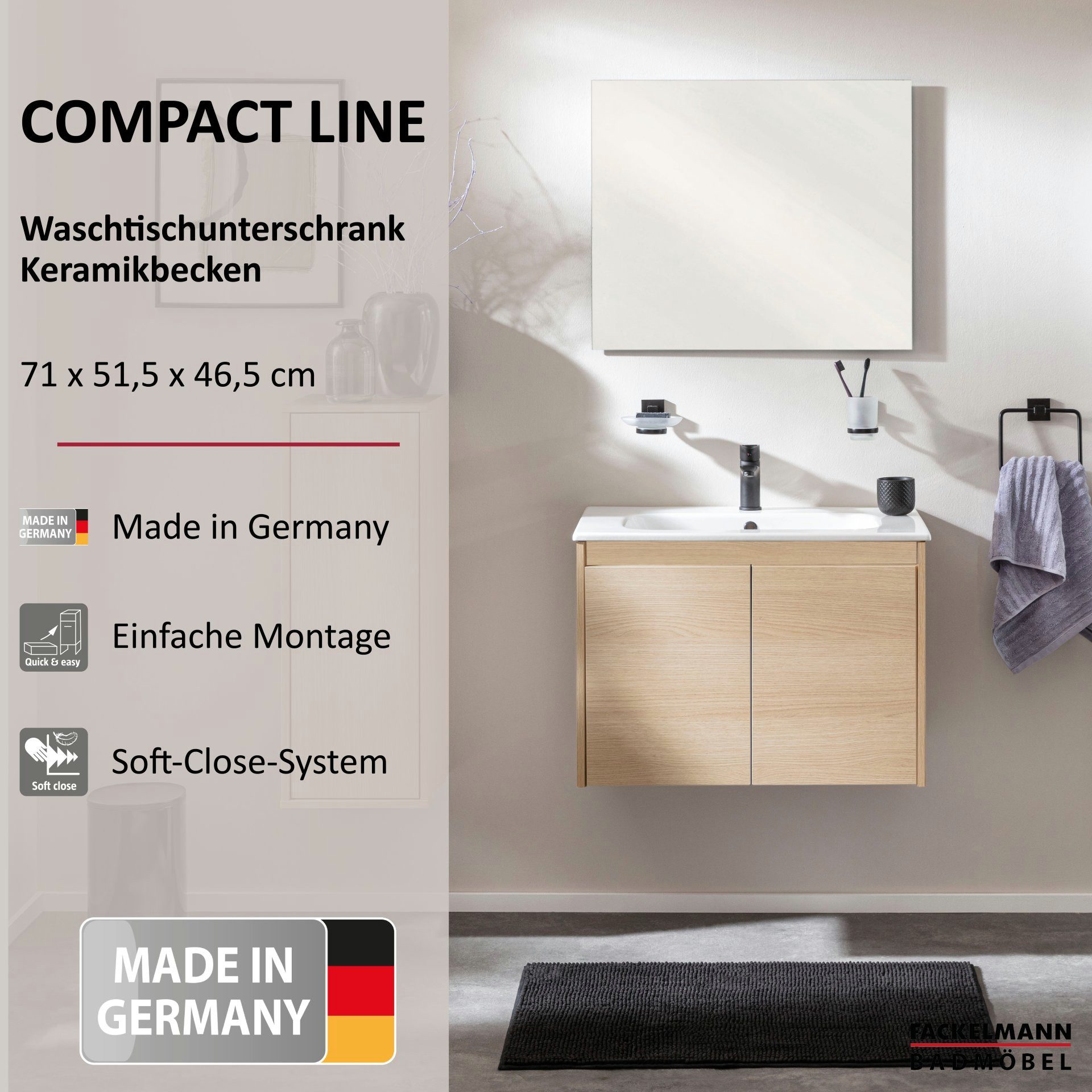 FACKELMANN Badmöbel-Set COMPACT LINE Waschbeckenunterschrank, Badmöbel in Braun
