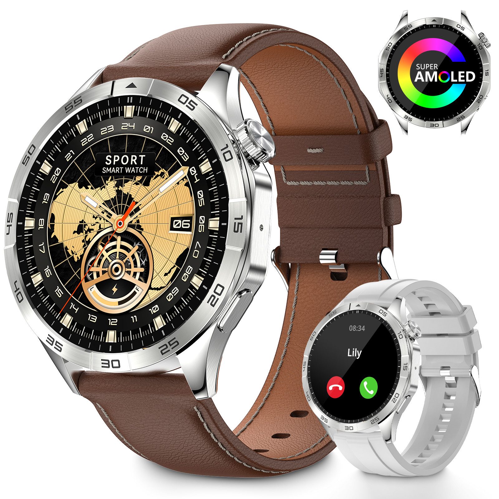 Yuede AMOLED Smartwatch, Fitness Uhr mit Anruffunktion für Damen und Herren Smartwatch (Rundes 1,43-Zoll-UHD-Full-Touch-AMOLED Farbdisplay Zoll) Packung, Sportuhr mit Wechselband Silikon und Lederband Uhrenarmbänder, BT 5.3, IP67 Wasserdicht, für Android IOS