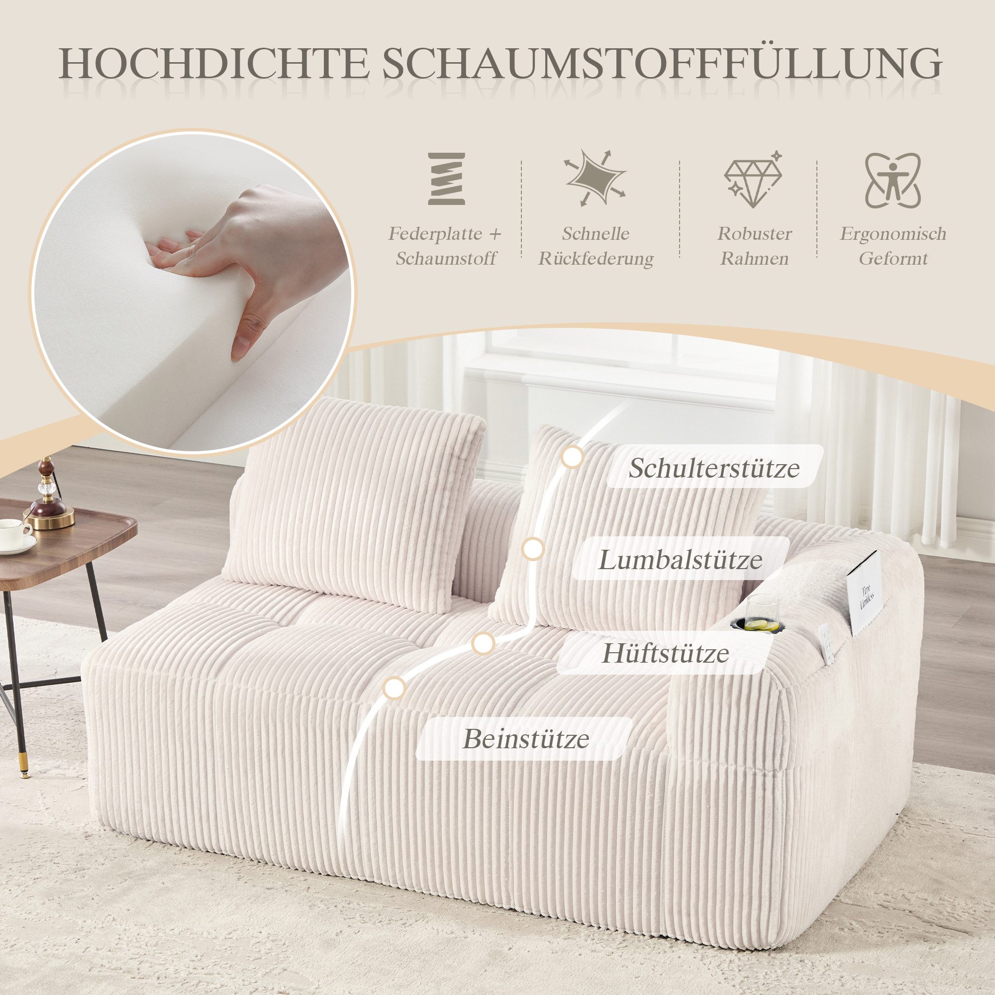 MODFU Sofa Cord-Kompaktsofa, mit seitlicher Tasche für Handy & Fernbedienun günstig online kaufen