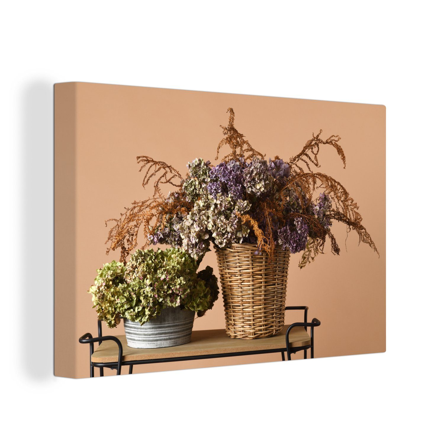 OneMillionCanvasses® Leinwandbild Getrocknete Blumen - Körbe - Stilleben, (1 St), Wandbild Leinwandbilder, Aufhängefertig, Wanddeko, 30x20 cm
