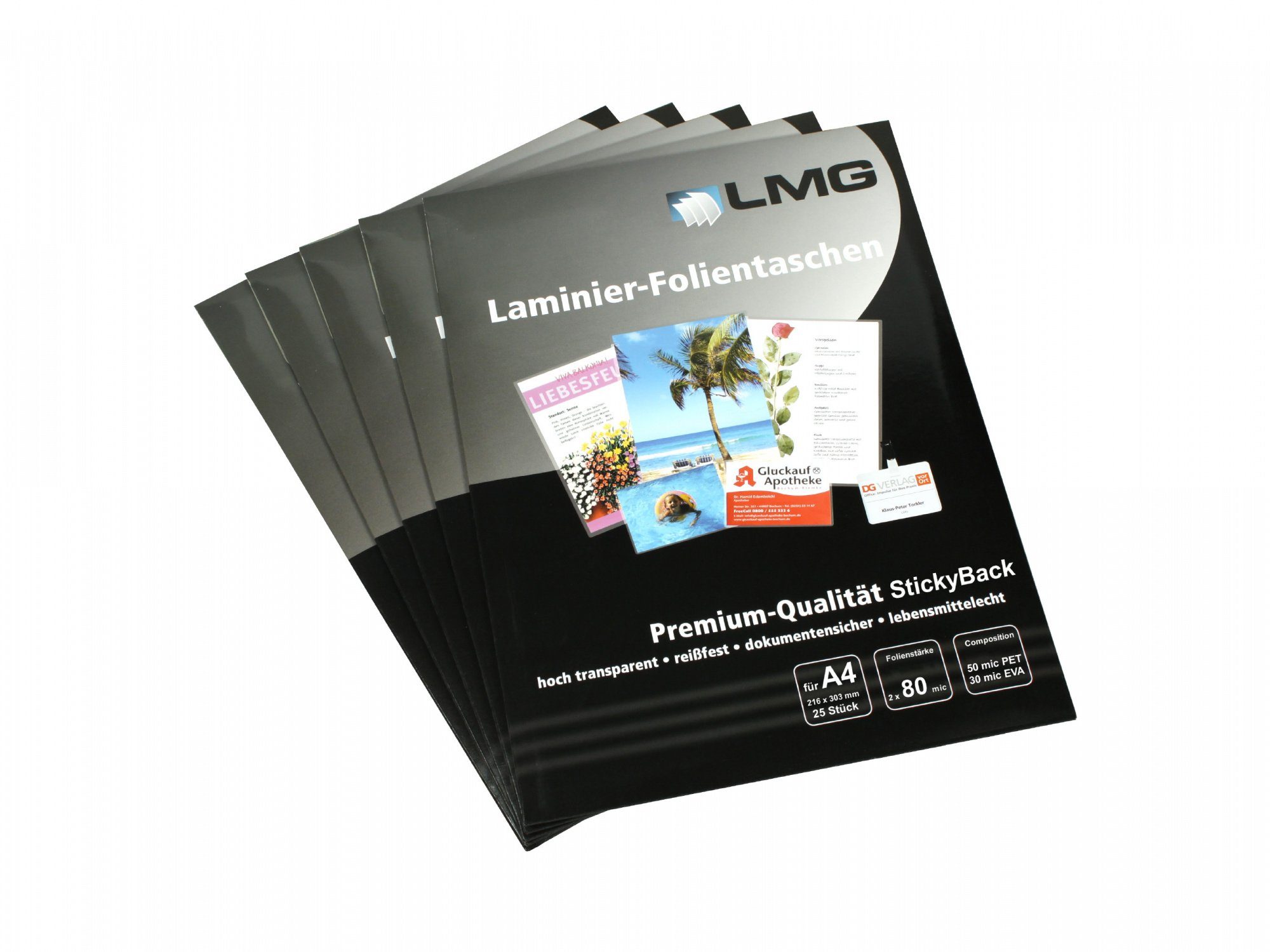 LMG Germany Laminierfolie LMG Laminierfolien A4, 2 x 80 mic, glänzend, selbstkl. Rückseite, 80 µm, glänzend, 100 St., Permanent selbstklebend, haftet auf sauberen, trockenen Oberflächen