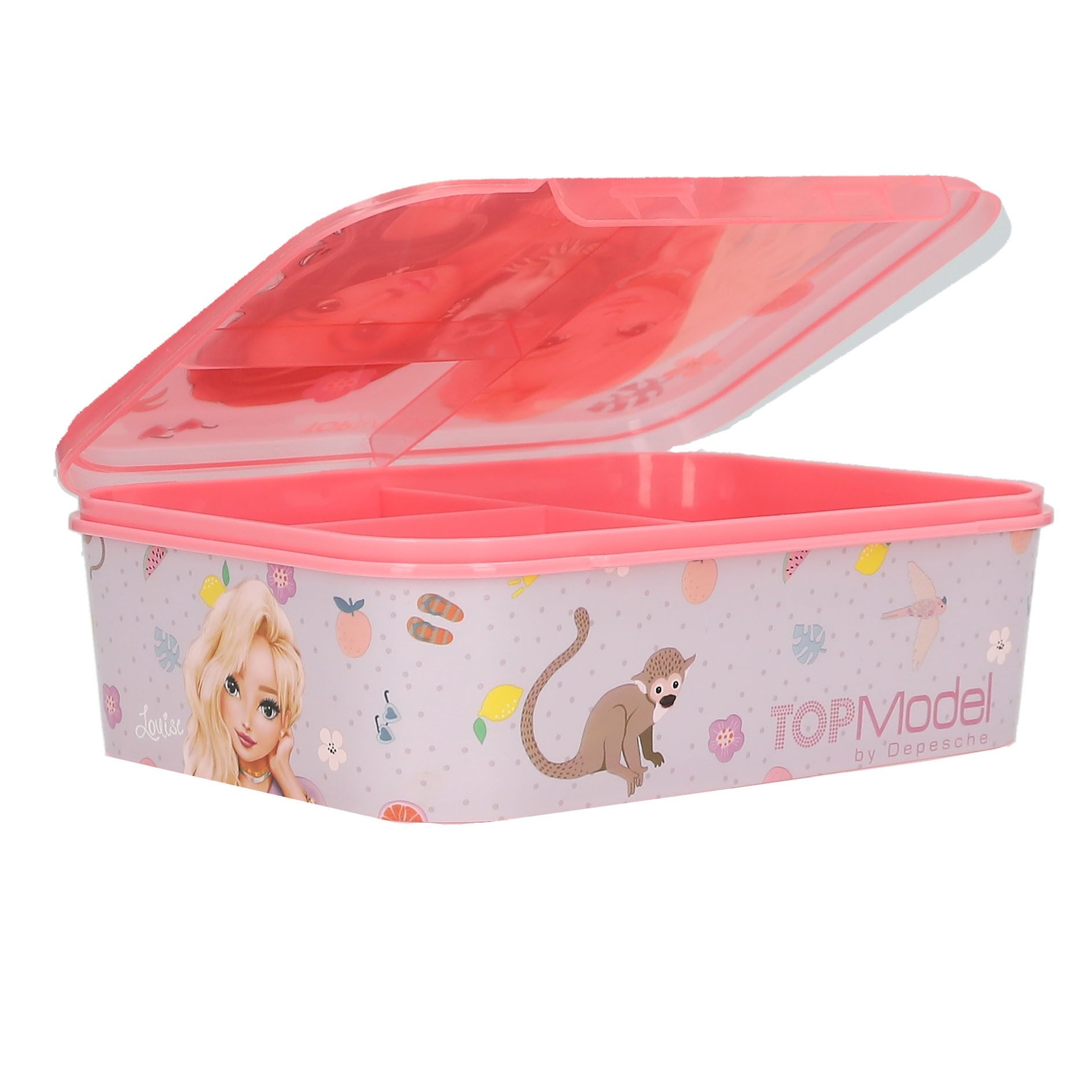 Depesche Schmuckset Brotdose mit Model Motiv und Blumen, 3 Fächer, Klappdeckel, Grün und Rosa, Lunchbox für unterwegs