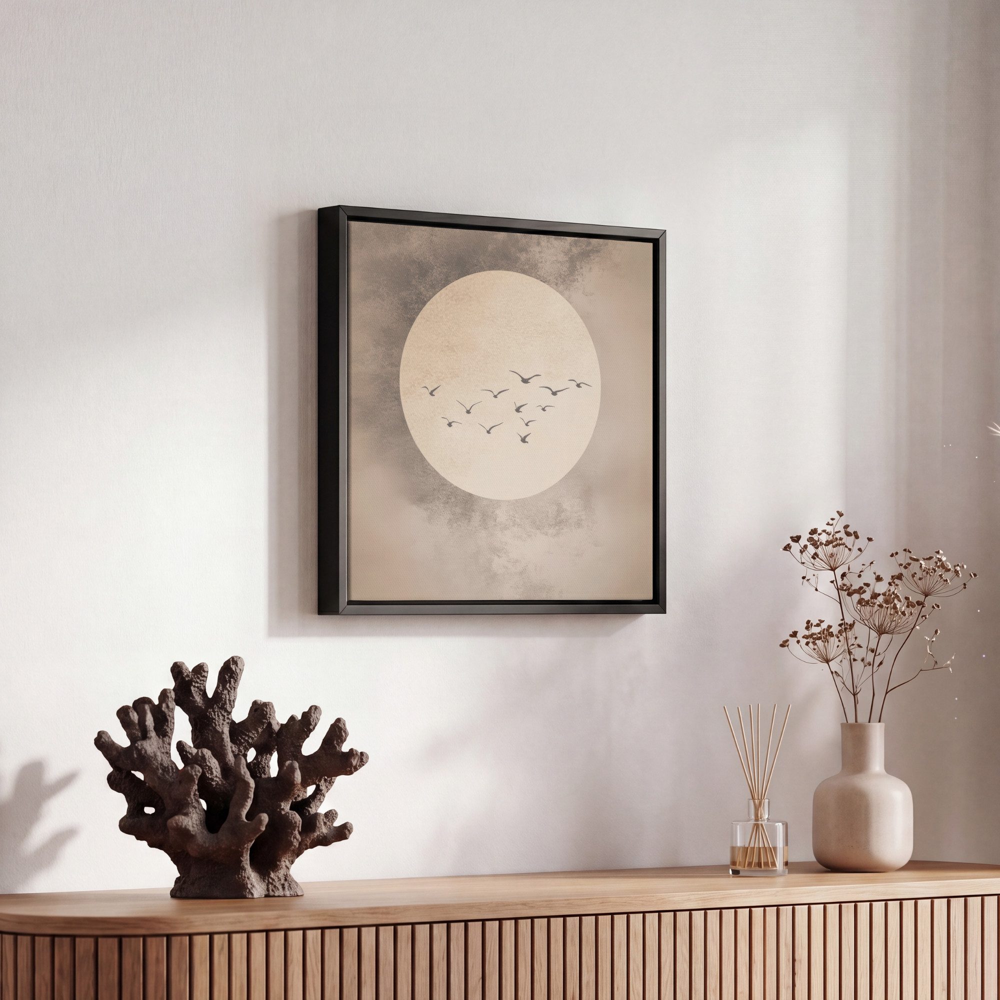 OneMillionCanvasses® Leinwandbild mit Rahmen - Vogel - Beige - Japanisch, Fotodruck (1 St), Leinwand Bilder Klein, Wand Dekoration Aesthetic 20x20cm – Bild 5 von 5