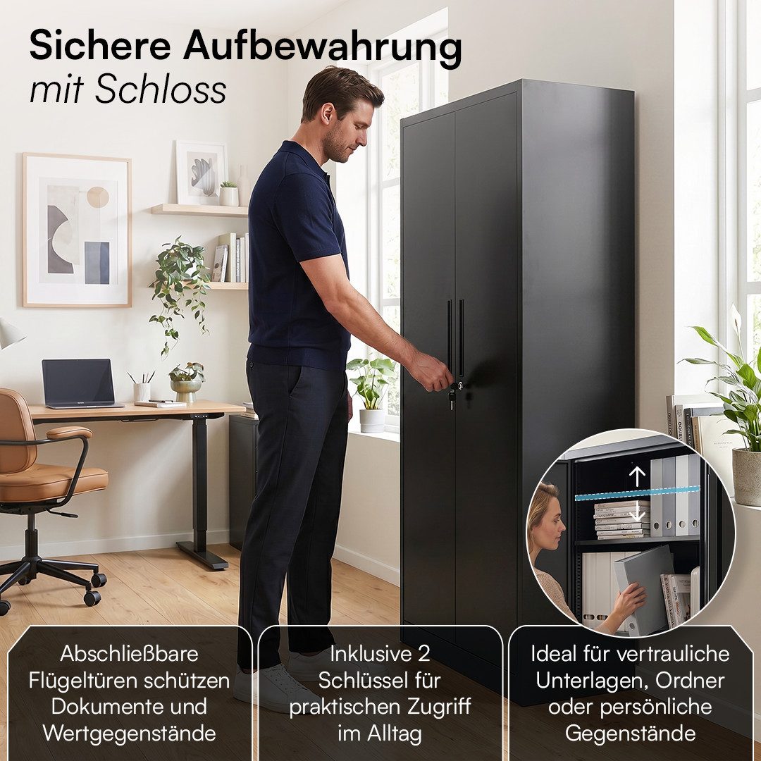 STEELSØN Aktenschrank Regulus aus Stahl, abschließbar mit 2 Schlüsseln (Schwarz) Spindschrank mit 4 höhenverstellbaren Einlegeböden, 175x40x80 cm – Bild 5 von 5