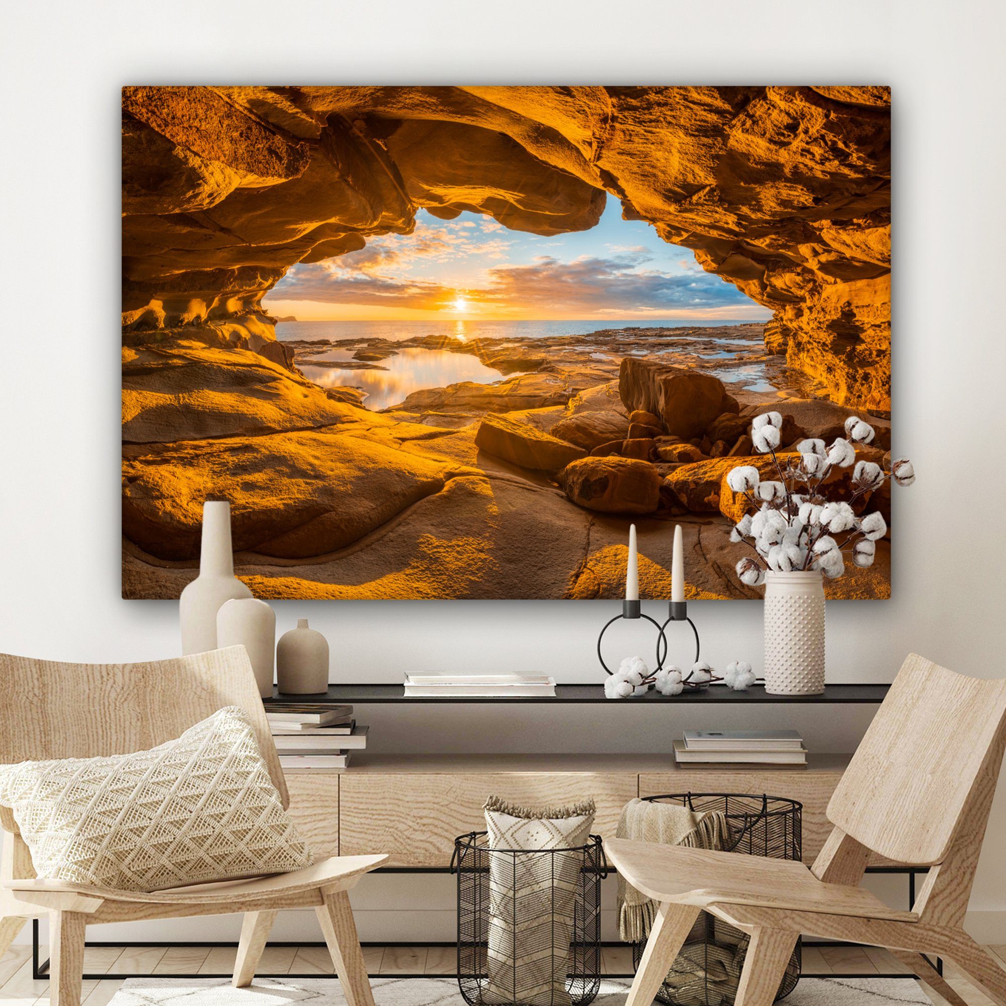 OneMillionCanvasses® Leinwandbild Höhle - cm Gemälde, Sonnenuntergang, Horizont 120x80 Wandbild (1 - Meer großes, - alle Wohnbereiche, St), für XXL