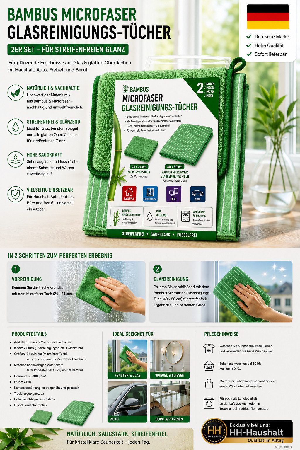 HH-Haushalt Bambus Microfasertücher Glasreinigung 2er Set 40 x 50 cm Reinigungstücher – Bild 2 von 2