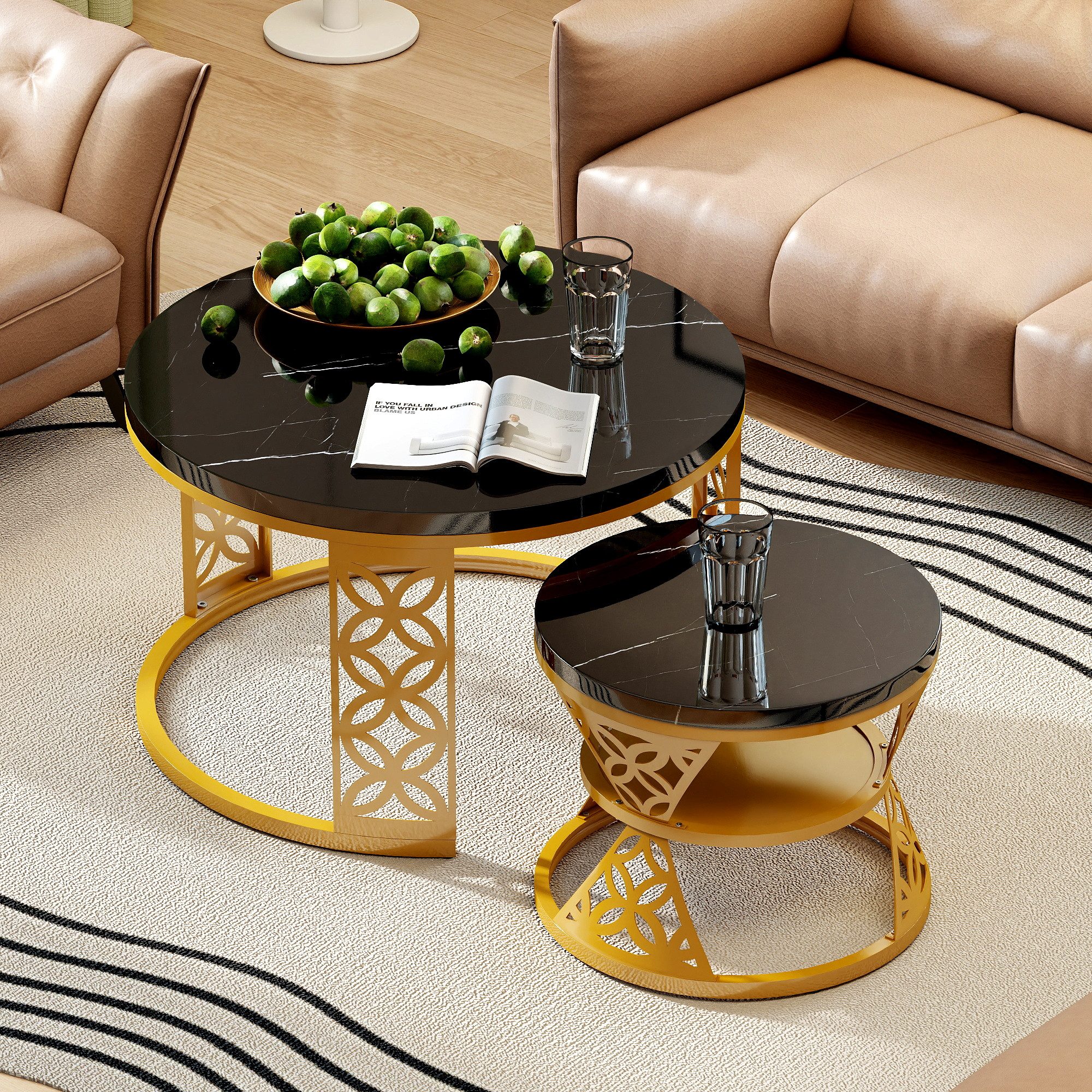 STILVORA Couchtisch Wohnzimmertische runde Satztisch Marmoroptik mit Bodens günstig online kaufen