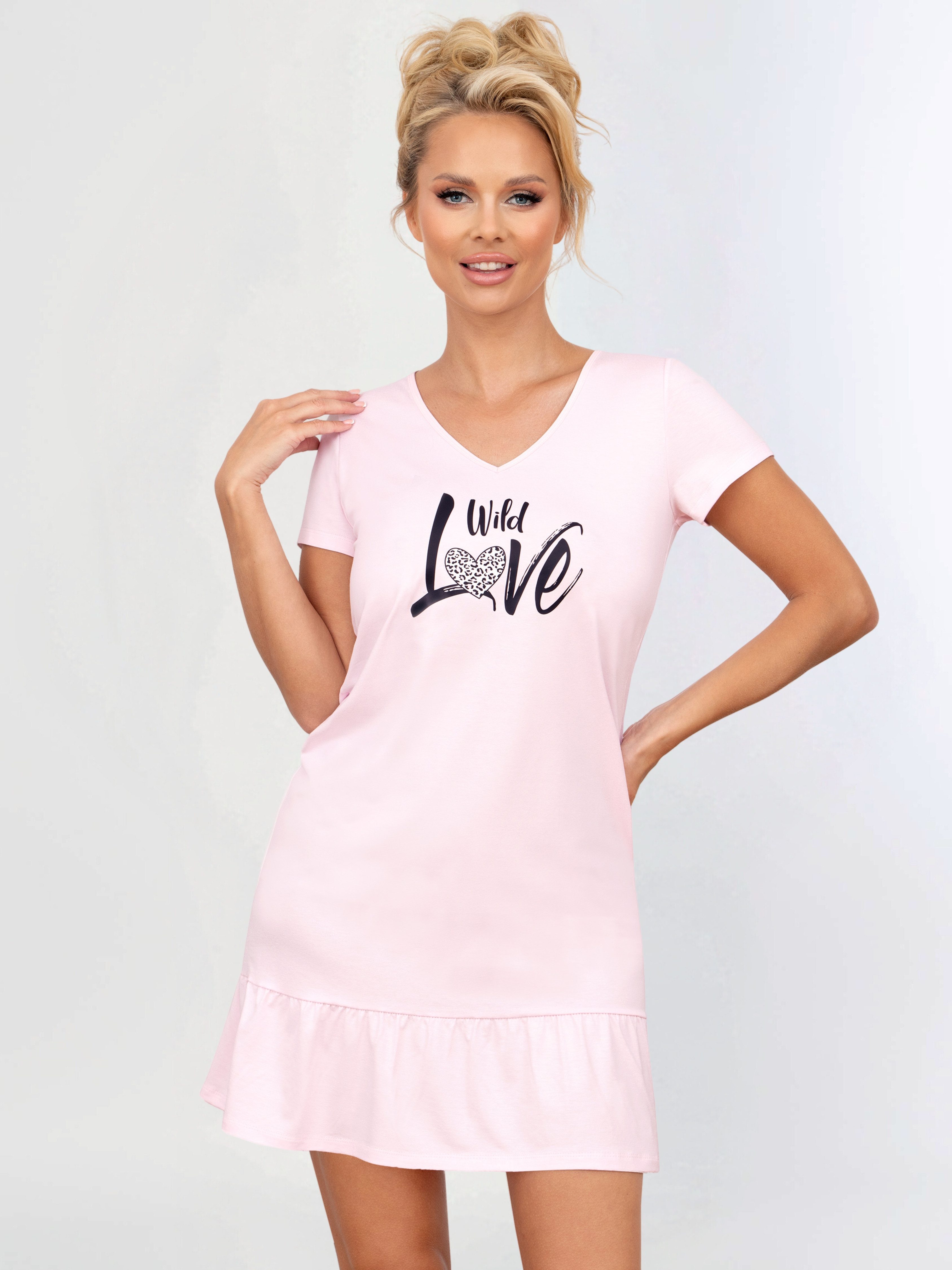 Donna Nachthemd mit Volant unifarben mit Motiv-Print Animal-Druck, reine-Baumwolle