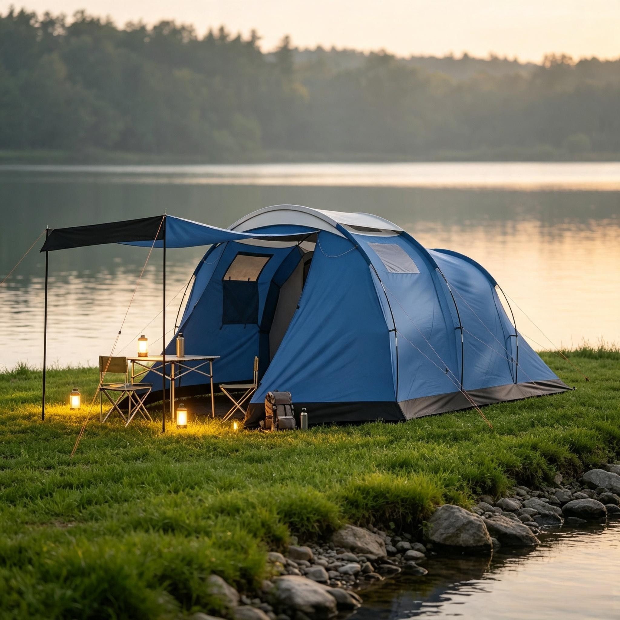 Blossom Tunnelzelt Tunnelzelt 4 Personen, Campingzelt wasserdicht 3000 mm mit Doppelwand, Personen: 4 (460×260×190 cm), Stehhöhe 190 cm, Familienzelt mit Vorraum und Sonnendach, Blau