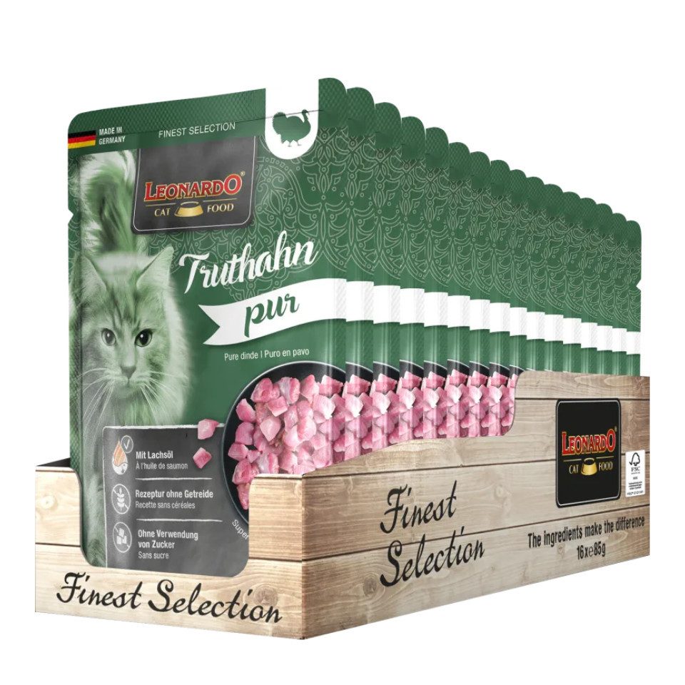 Leonardo Catfood Truthahn Pur - getreidefreies Nassfutter mit wertvollem Lachsöl 16x85g, Nassfutter für: Katzen