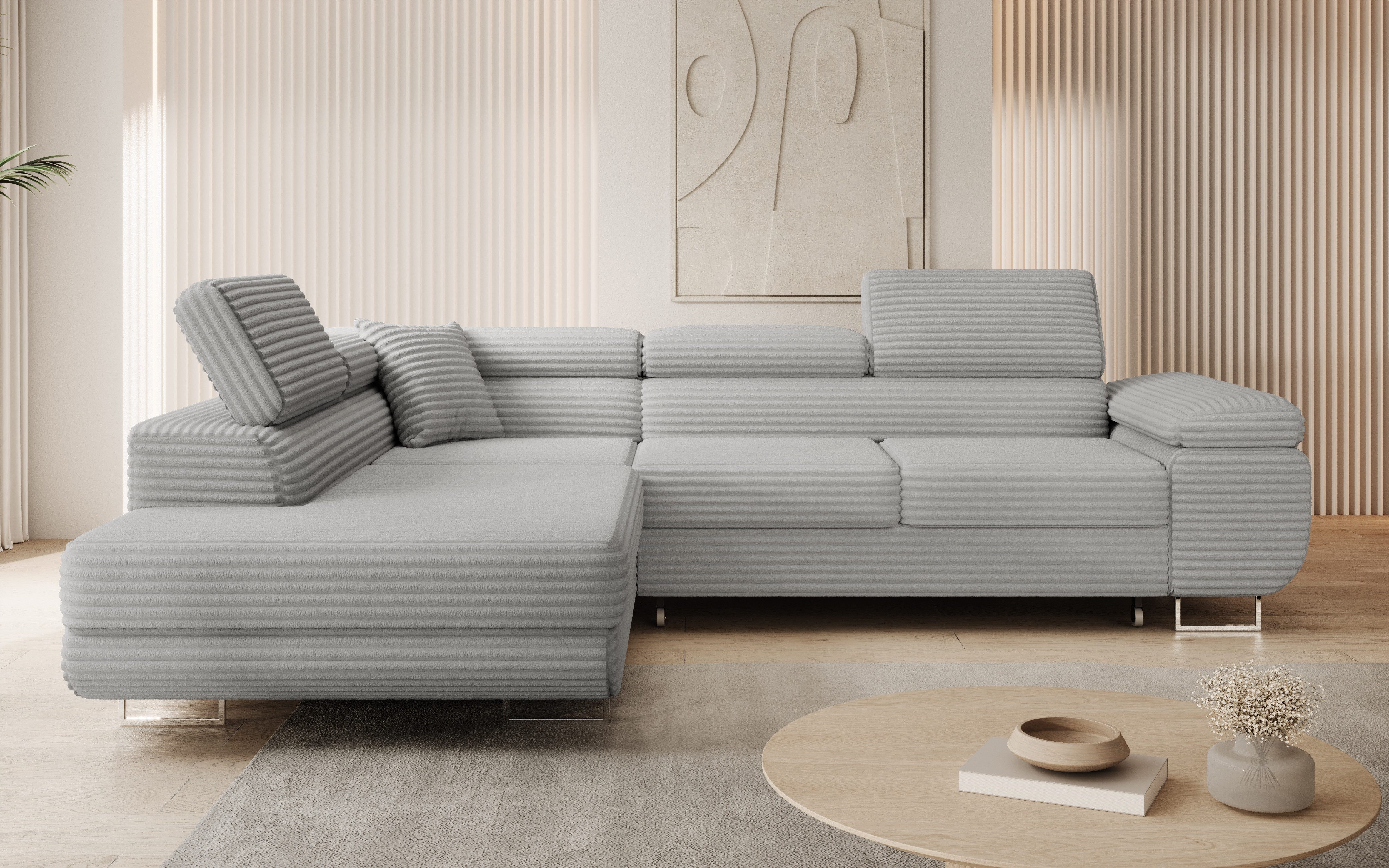 thematys Ecksofa ASTON mit Schlaffunktion & Bettkasten – Cordstoff TILIA, - mit 3 verstellbaren Kopfstützen, – L-Form 273×203 cm – Schlafsofa mit Auszug