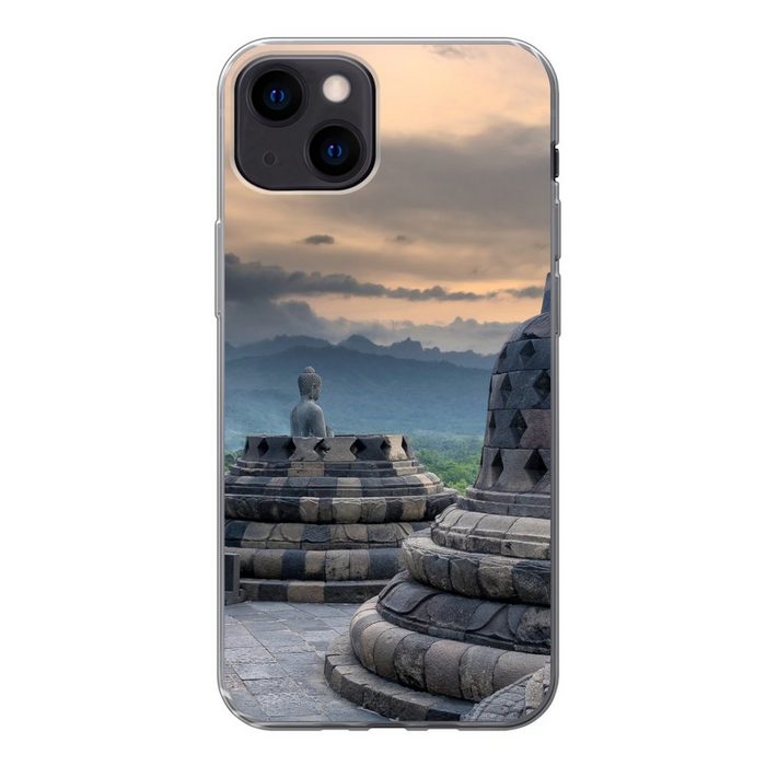 MuchoWow Handyhülle Dunkle Wolken über dem Borobudur-Tempel Handyhülle Apple iPhone 13 Smartphone-Bumper Print Handy