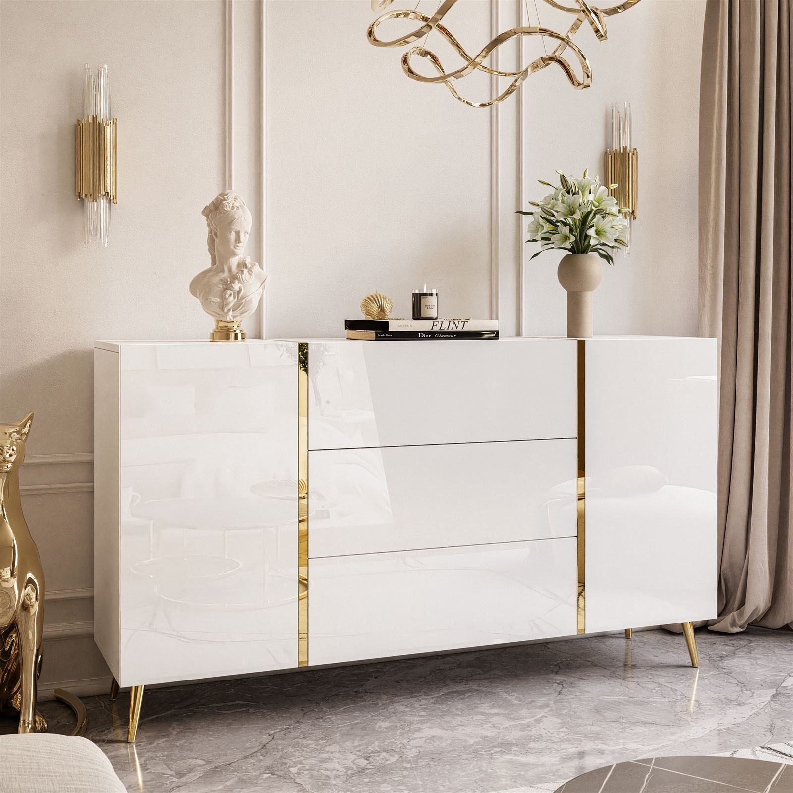 ALLHOUSE24 Wohnzimmer-Set DIAMANT Weiß Hochglanz GOLD Metallfüßen Wohnzimmer Möbel SET, (3-St), Das Set besteht aus: Kommode, TV Schrank, Couchtisch