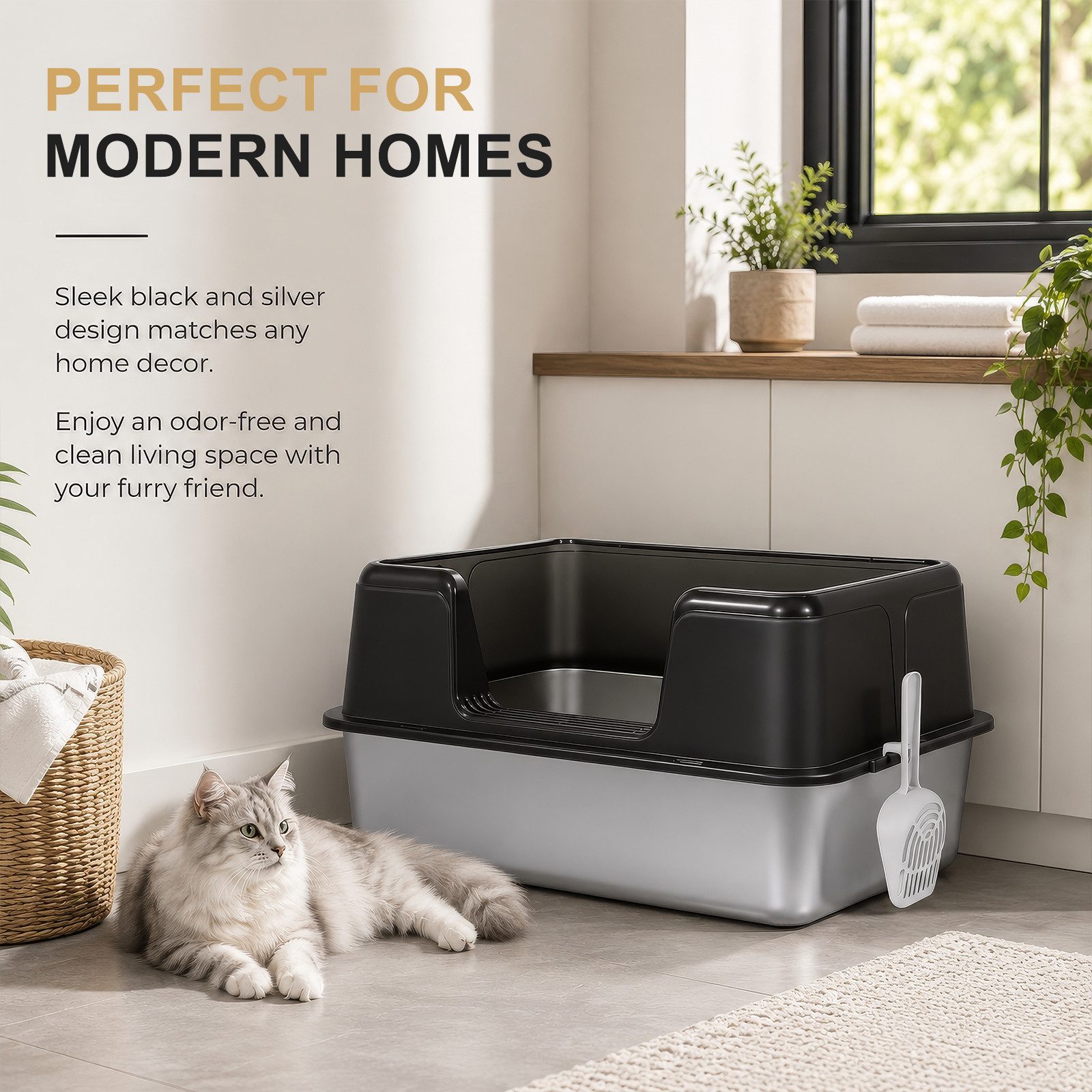 BlingBin Katzentoilette Katzenklo Edelstahl mit Hoher Rand, mit Schaufel, Offenes Design, XL, halbgeschlossenes Katzenklo für große Katzen bis 15 kg