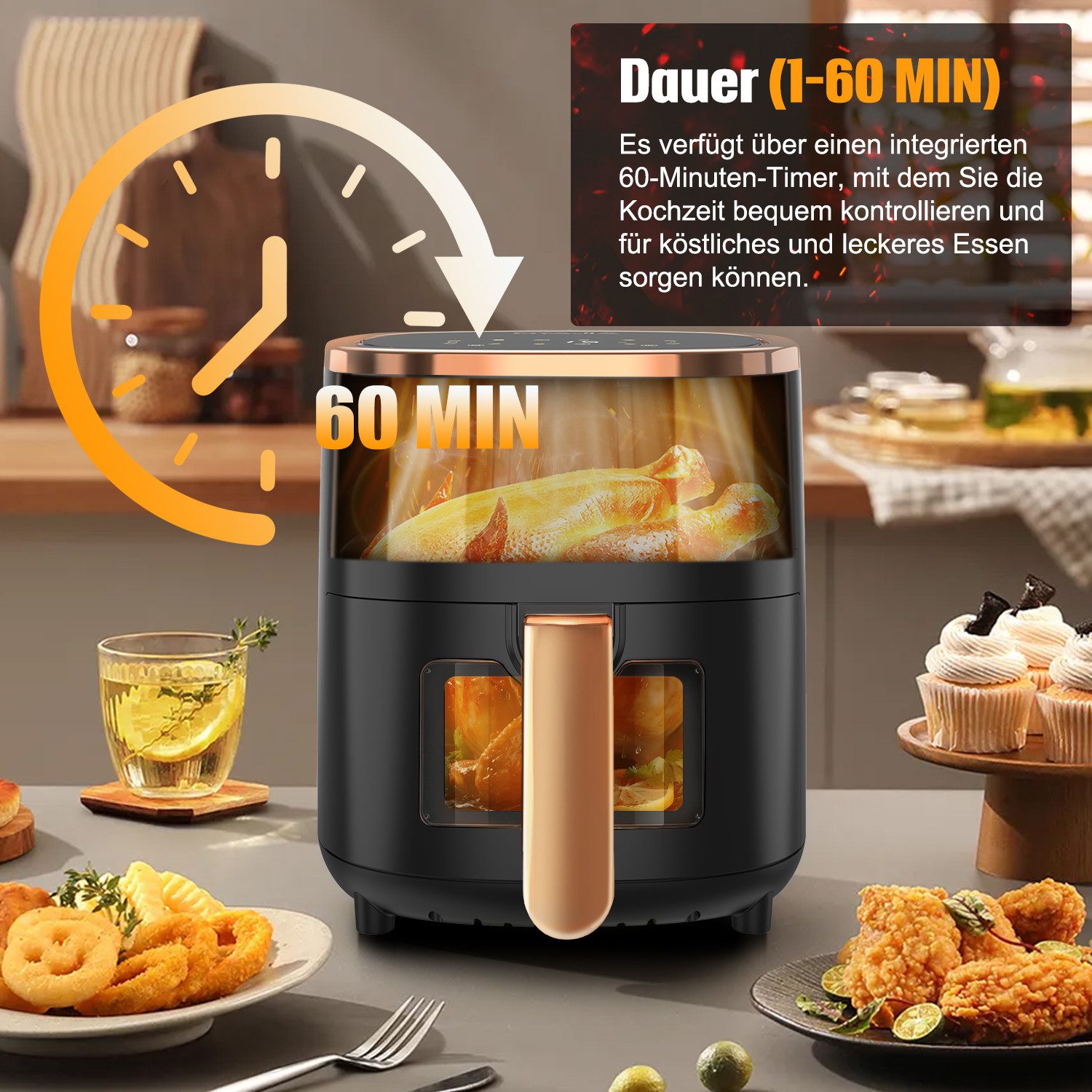 LETGOSPT Heißluftfritteuse Heißluftfritteuse 6L mit Sichtfenster Airfyer 1 kg Fassungsvermögen, 1800,00 W, bis 200°C, 8 Programme Heissluftfritteuse Easy Air Fryer Braten Rösten