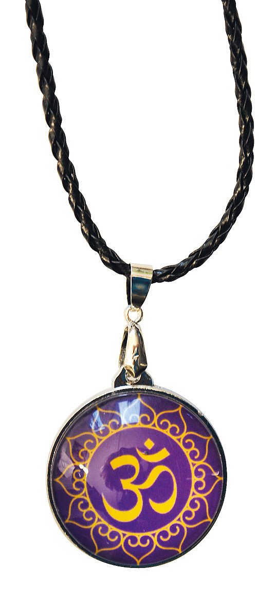 Saraswati Amulett Anhänger mit Kunststoffband "Om Lotus" Glas lila