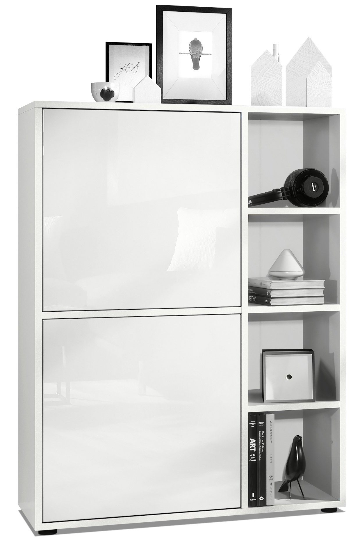 Vladon Highboard Cuba (Anrichte, mit 2 Türen und 4 offene Fächer), Weiß matt/Weiß Hochglanz (79 x 105,5 x 35,5 cm)