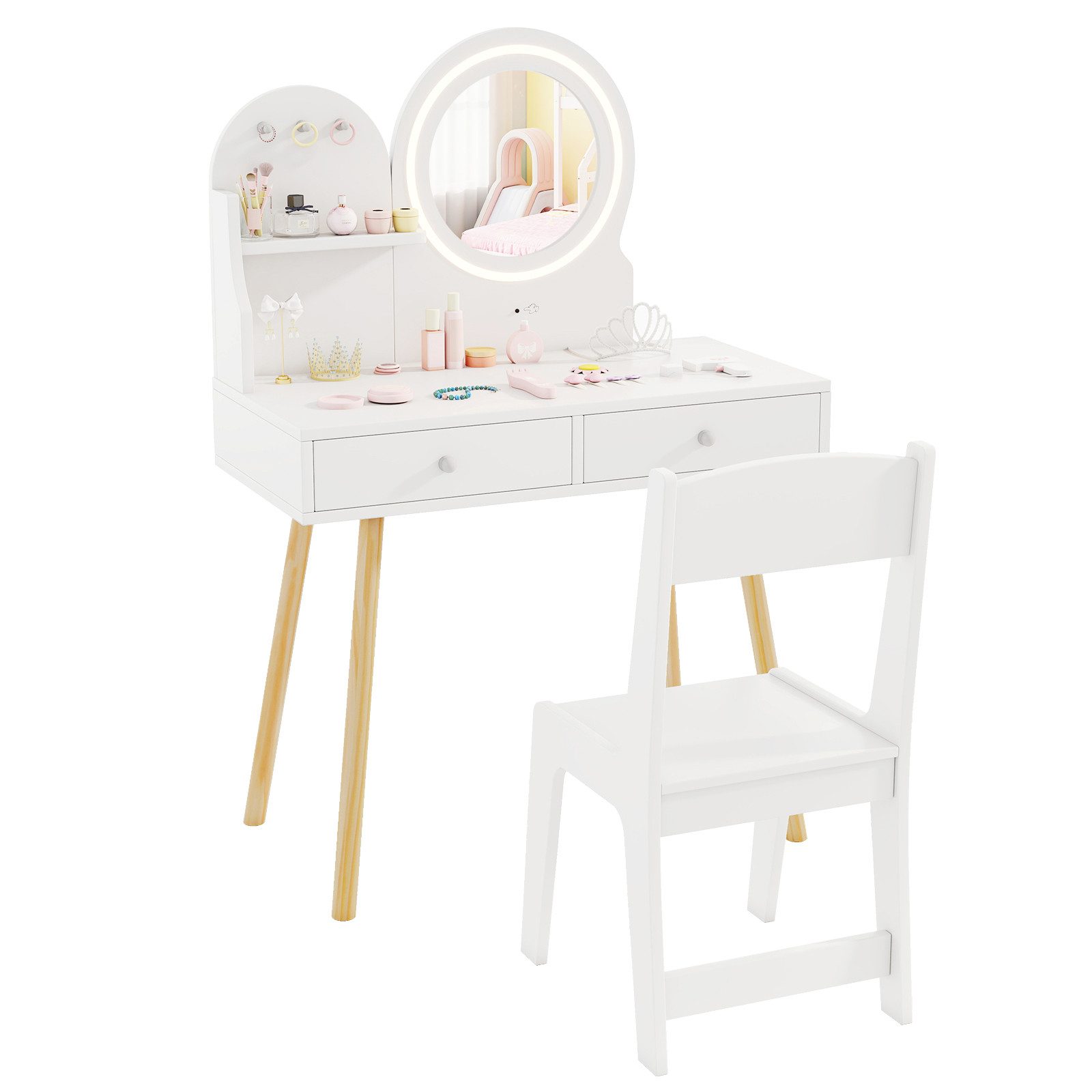 COSTWAY Schminktisch, Kinder Schminktisch mit LED-Beleuchtung, Holz