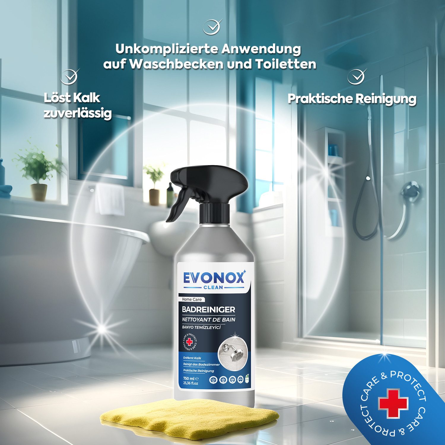 EVONOX Badreiniger Spray - Zur Reinigung von Kalk und Seifenrückständen 750ml Badreiniger (3-St)