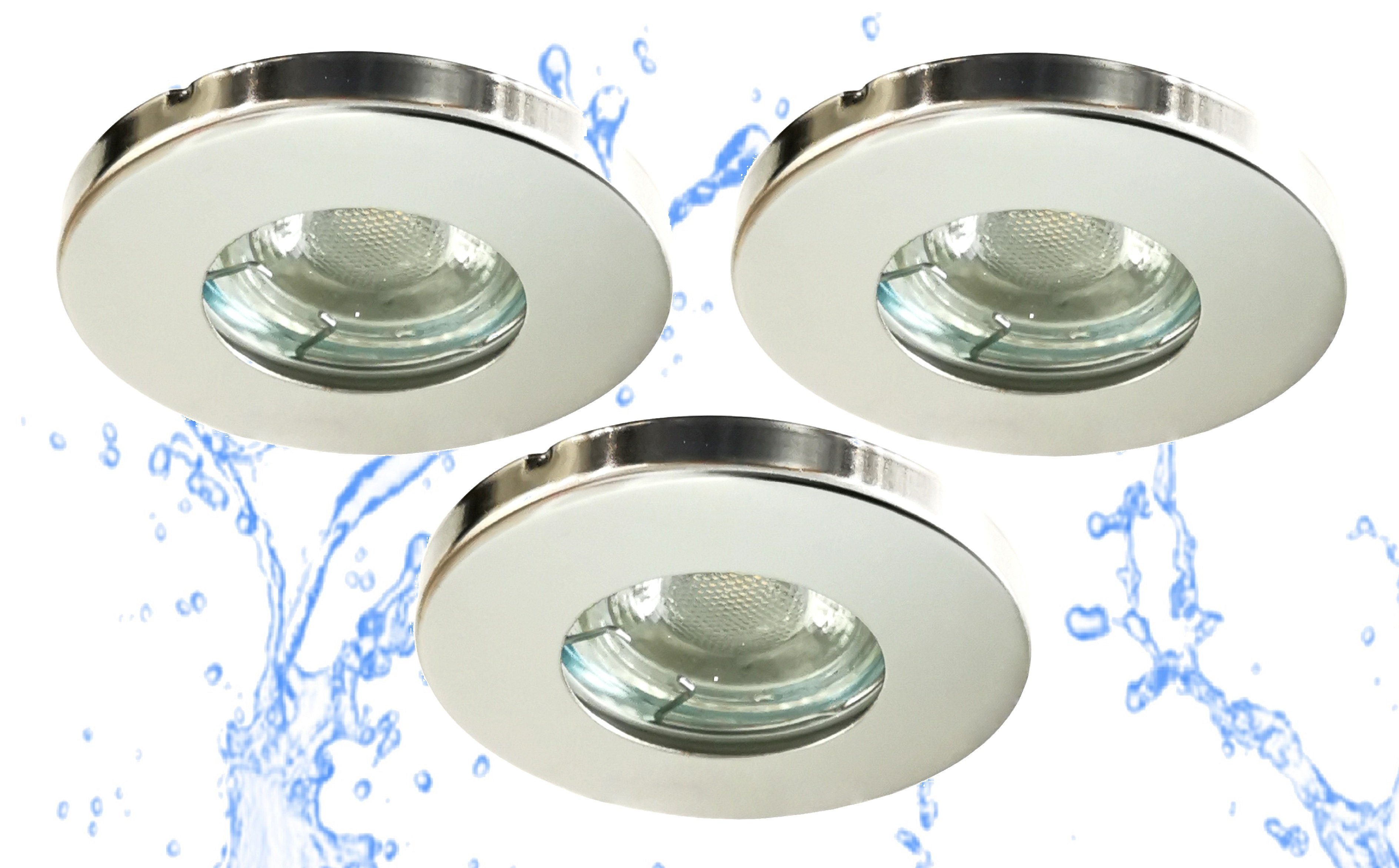 TRANGO LED Einbauleuchte, 3er Set IP65 LED Einbaustrahler 6729IP65-038G6KSDAK Edelstahl Chrom inkl. 3x 5 Watt 3-Stufen dimmbar GU10 LED Leuchtmittel 6000K kaltweiss Bad, Außen, Tageslichtweiß, Einbauspot, Deckenleuchte, Deckenspots